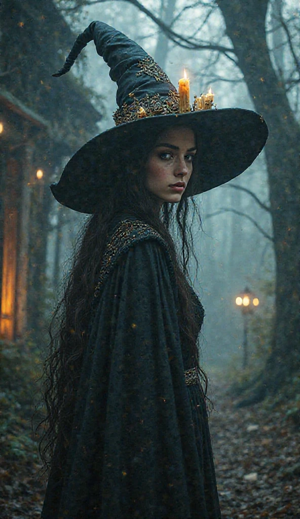 A brown-haired woman with blue tips, eyes browns, skin fair, witch outfit