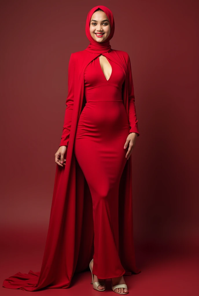 Captivating, elegant woman is engendered in a cascade of four-meter-long, ruby-red, plush satin fabric. The material clings tightly to her figure, spreading out into a pooled train at her feet, mimicking a mermaid's tail. A satin hijab cloaks her head, revealing only a hint of her upper body. This full-body portrait radiates a mythical sophistication. Wrapped, eth