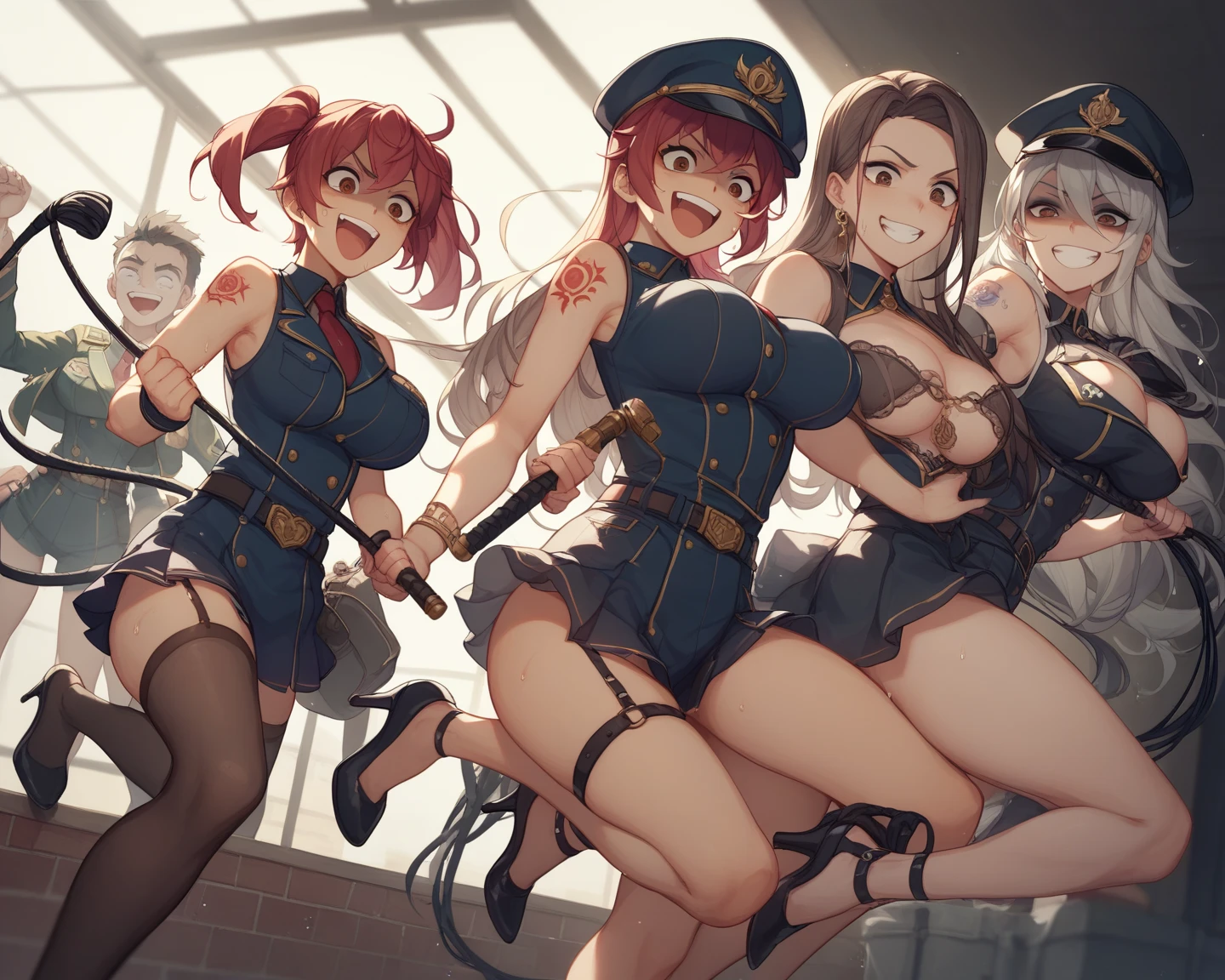 ultra-detailed, Explicit, Beautiful body, Beautiful Nose, Beautiful character design, perfect eyes, perfect face, ultra highres, 4K, beautiful legs, perfect legs, perfect anatomy, Nice hands, Perfect hand, Masterpiece, Best Quality, Highly detailed, illustration, absurdres, street fighter, doll suit, shadaloo doll, dollsuit, girls, multiple girls, expressionless, blank eyes, looking at viewer, red gloves, emotionless, black latex, corrution, mind control, female combatant, full body, hypnotized, unhappy trance, full body suit, ribbed bodysuit, both arms at side, obey, perfect female body, extremely glossy latex, hypnosis, hypnoLora, empty eyes, Mind control device, poses, submissive_pose, Slave, hat, necktie, stand up straight, standing, standing at attention, hat, necktie, belt, latex, ribbed bodysuit, thigh-highs, garter belt, Fighting Stance, military, thigh boots, brown hair, yellow eyes, ohshima ichiko, heaven burns red, long hair