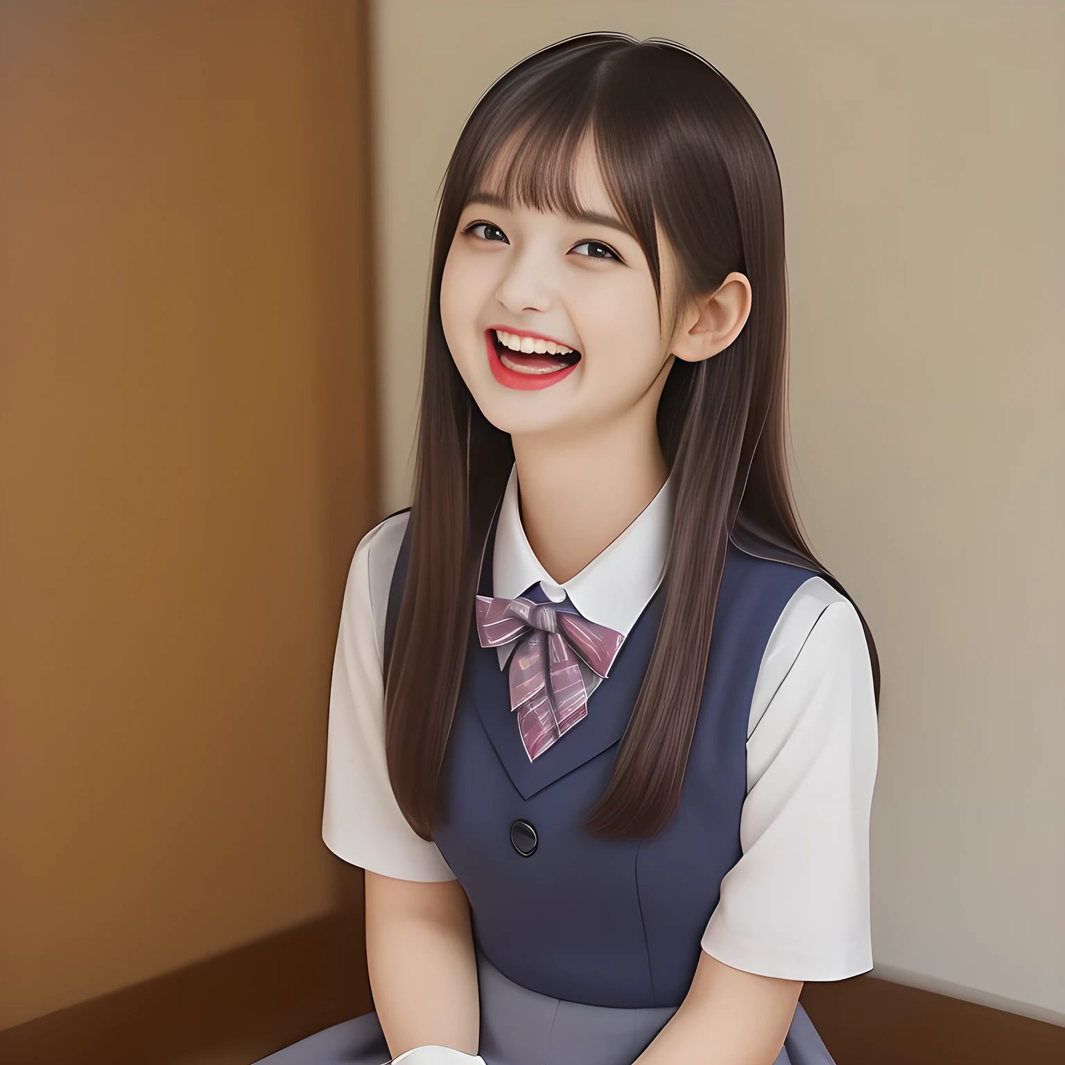 (highest quality, masterpiece, high resolution:1.2), 4K, (Photo quality detailed foreground: 1.2), geometry, ((Two yo too beautiful) succubi of Cute noble beautiful slender girl girly very-long-hair Japanese photo model seated in a white room and looking at the viewer with her too beautiful eyes like laughing fashion model: 1.3), (Using expensive face-whitening cosmetics to make her skin more beautiful and pure by professional makeup artist: 1.5), (devious girlish fascinating laughter in bliss, devious girlish pose: 2.0), Laughing cutely, ((Dark blue) Japanese school girly vest Uniform with neat girly light-yellow short-sleeves school blouse, puffed short sleeves: 1.2), (white socks and school loafers, kicking back: 1.5), (Dark red glossy glossy school ribbon on the breast: 1.0), (Extremely laughing cheeks: 1.8), (Beautiful light-amber large clear open eyes with balanced and detailed cutely: 1.4), (double eyelids: 1.0), (highly curled bangs: 1.2), (Expressing the greatest joy with her whole body: 1.2), (Glossy lips: 1.0), (too long very straight hair reaches her hips: 1.7), (cute earrings), (making the viewer crazy with her beautiful hands: 1.6), (white and clear skin: 1.0), (Laughing 13 cute princess's eyes looking at me: 0.8), (Very shy, cute, slender, pretty, pretty, too girly & Girlish: National Beautiful Girl Grand Prix winners: 2.0), (Everything is organized to have strong effect of hypnosis for the viewer to fall into happy dream with many beautiful girls: 1.5), (The viewer must be transferred to the world of only beautiful girls right now when he sees the eyes of girls in the picture: 2),(Tight waist, slender: 1.5), (The neat girls know well about the viewer's super fetishism for school uniforms, and satisfies the viewer completely with skirt: 1.9), (many lewd girl face pictures on the wall: 1.5)