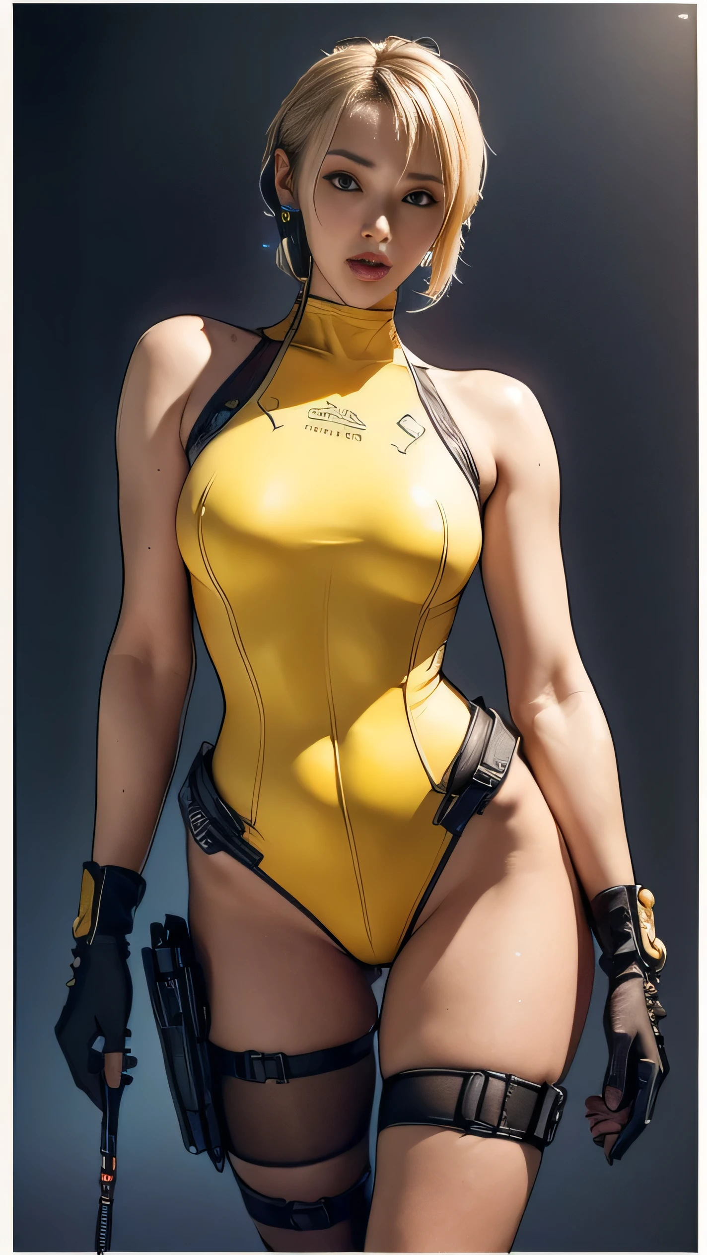 (A woman),(((A female special forces member stands))),((Yellow tactical High leg bodysuit:1.5)),((earphone:1.5)),((Tactical Holster:1.5)),(Gloves:1.5),(Serious:1.5),(Super short hair:1.5),(bionde:1.5),(beautiful eyes:1.3),(Very detailedな顔:1.5),((Very detailed drawing of a female hand:1.5)),((muscular:1.5)),(Sexy appearance:1.5),((Thick thighs:1.5)),(Beautiful Body:1.5),((Very sensual:1.5)),(The backdrop is a futuristic city:1.5),(Cyberpunk atmosphere:1.5),(((Blurred Background:1.5))),(Written border depth:1.5),rest(((masterpiece:1.5),(best quality:1.5),(Very detailed:1.5),(high resolution:1.5),(Practical:1.5),(Practical:1.5),(Delicate depiction),(Carefully drawn))),8k,wallpaper