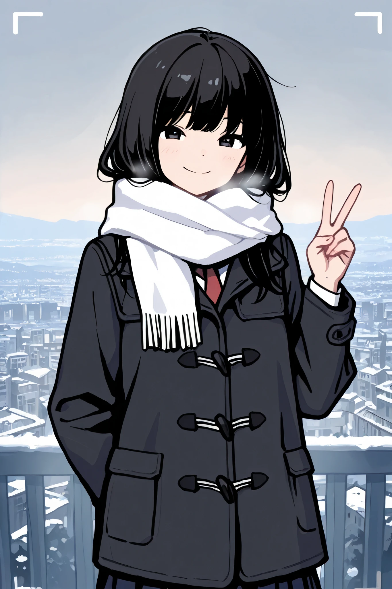 masterpiece, best quality, highest resolution, 1 girl, long hair,black hair, snowy city background, scarf, coat, school uniform, victory sign, smile, proud face, take picture with friends