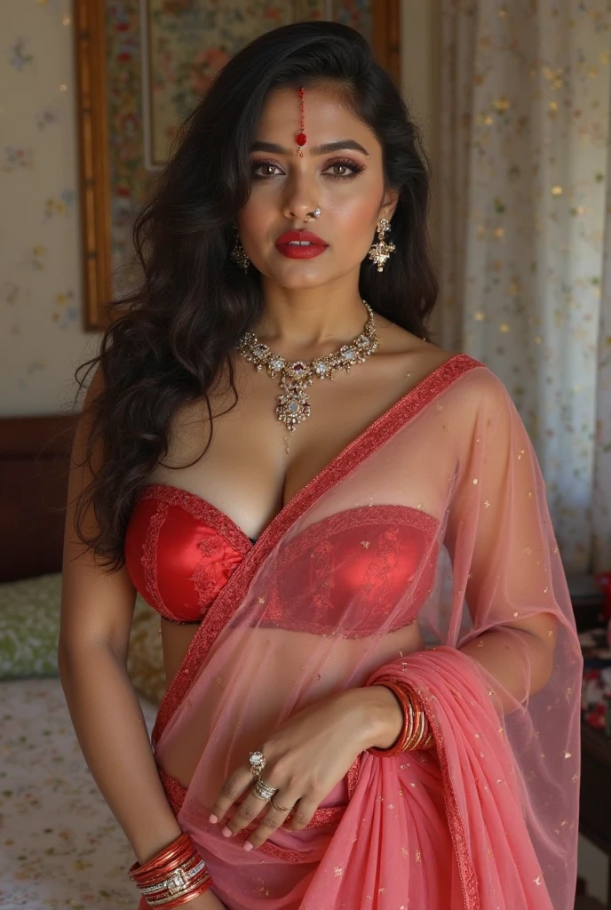 Ultra HD resolution,artistic photos,Professional boudoir Photography,((21 year very sexy girl, earrings, necklace, long brunette wet hair, cold ultra realistic shining wet skin,wearing a very sexy red silk net saree)), exposed cleavage, posing like a super-model, at a hotel room, at night, night time, smiling at viewer, natural lips