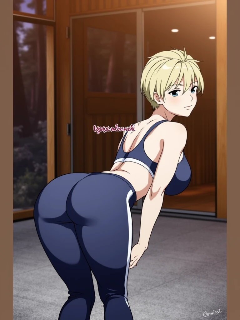 Anime girl, skimpy clothes, barefoot, feet visible, slightly muscular, front and back, big ass, small waist