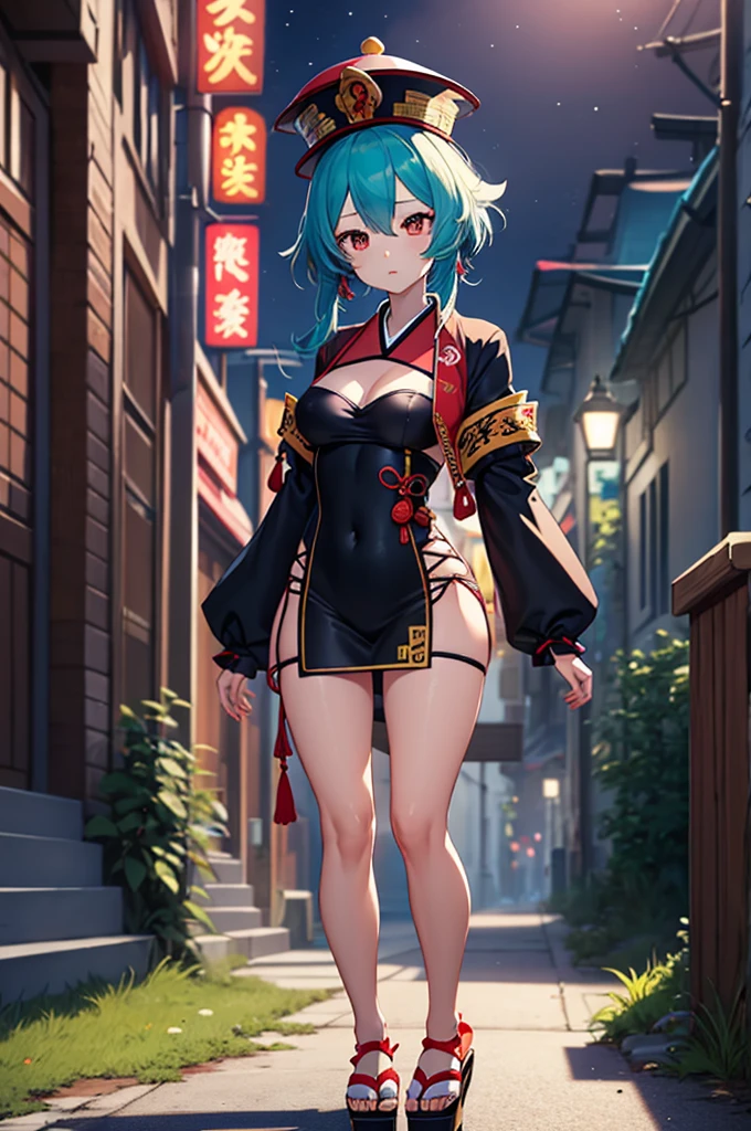 Rimuru tempest, 1girl, solo, cute kimono, wooden sandals, black thighhighs, medium breast, cleavage, japan akihabara, night view, hair between eyes, long hair, looking at viewer, light blue hair, blue short nails, solo, thighhighs, thighs, ((masterpiece)), standing, sexy pose, blush, shy, show teeth,