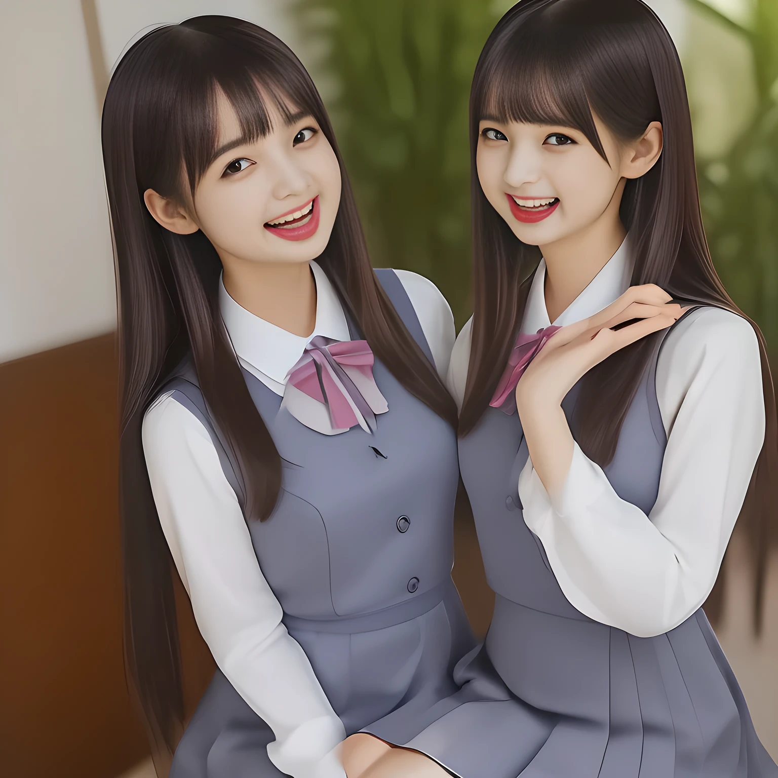 (highest quality, masterpiece, high resolution:1.2), 4K, (Photo quality detailed foreground: 1.2), geometry, ((Two yo too beautiful) Cute noble beautiful slender girl girly very-long-hair Japanese photo model seated in a white room and looking at the viewer with her too beautiful eyes like ( fashion model's laughter): 1.3), (Using expensive face-whitening cosmetics to make her skin more beautiful and pure by professional makeup artist: 1.5), (devious girlish fascinating laughter in bliss, devious girlish pose: 2.0), Laughing cutely, ((Dark blue) Japanese school girly vest Uniform with neat girly light-yellow short-sleeves school blouse, puffed short sleeves: 1.2), (white socks and school loafers, kicking back: 1.5), (Dark red glossy glossy school ribbon on the breast: 1.0), (Extremely laughing cheeks: 1.8), (Beautiful light-amber large clear open eyes with balanced and detailed cutely: 1.4), (double eyelids: 1.0), (highly curled bangs: 1.2), (Expressing the greatest joy with her whole body: 1.2), (Glossy lips: 1.0), (too long very straight hair reaches her hips: 1.7), (cute earrings), (making the viewer crazy with her beautiful hands: 1.6), (white and clear skin: 1.0), (Laughing 13 cute princess's eyes looking at me: 0.8), (Very shy, cute, slender, pretty, pretty, too girly & Girlish:  National Beautiful Girl Grand Prix winners: 2.0), (Everything is organized to have strong effect of hypnosis for the viewer to fall into happy dream with many beautiful girls: 1.5), (The viewer must be transferred to the world of only beautiful girls right now when he sees the eyes of girls in the picture: 2),(Tight waist, slender: 1.5), (The neat girls know well about the viewer's super fetishism for school uniforms, and satisfies the viewer completely with skirt: 1.9)