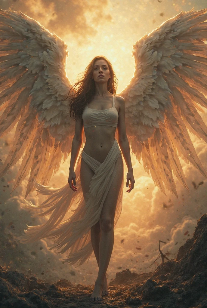 A 4K contrapicado digital painting of an injured evil fallen female angel with large wings surrounded by flames, plumage falling around, amidst crumbling rooftops in a burning apocalyptic city. Use shallow depth of field focused on the angel, cinematic lighting and shadows, in high resolution details.