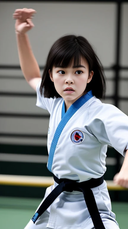 one woman、Born in Japan、Super Realistic Pictures、She is pure、 dark hair、 bangs hanging over eyebrows、She is wearing a karate uniform、She is thin、She's spinning and kicking at me、anatomically accurate、