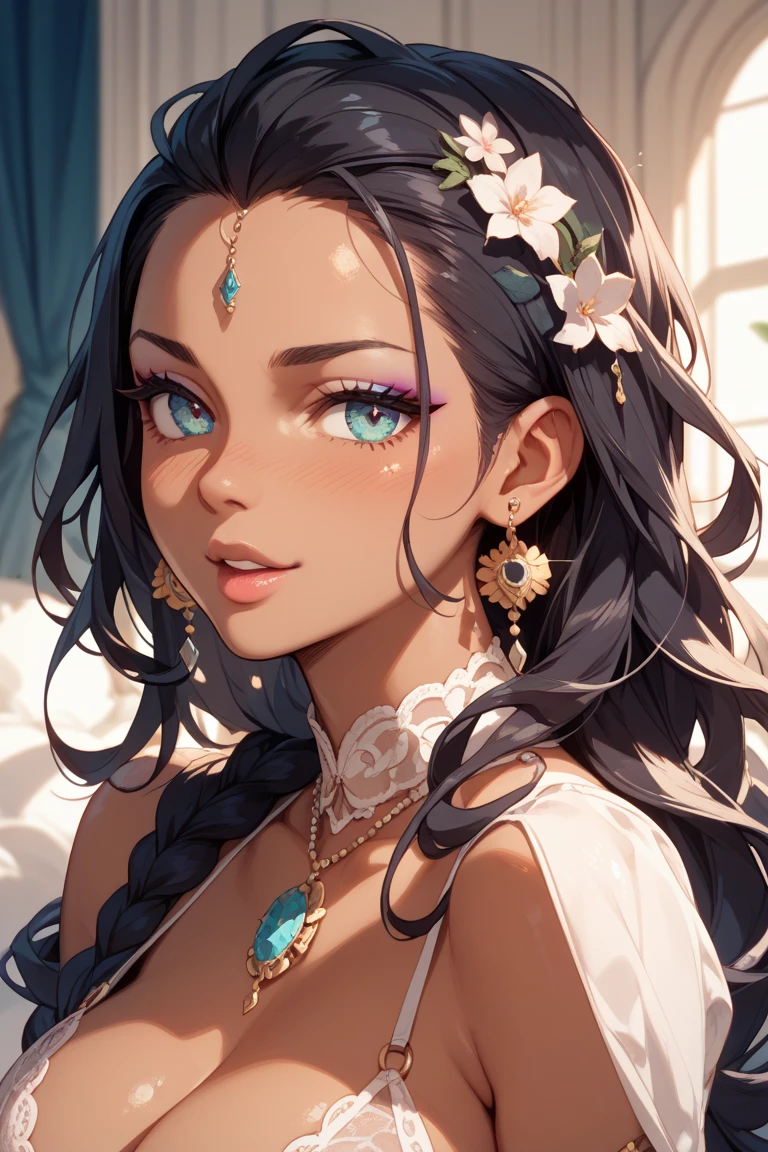 1 Beautiful Woman，Desert Princess，Aladdin，Dark skin（（（The eyes are very delicate）））（（（Hair accessories）））（（（veil：24））））（（（veil））），necklace，Wearing a blue conservative silk dress， ((Royal Palace))（（（masterpiece）））， （（best quality））， （（Intricate details））， （（Surreal））（8K）