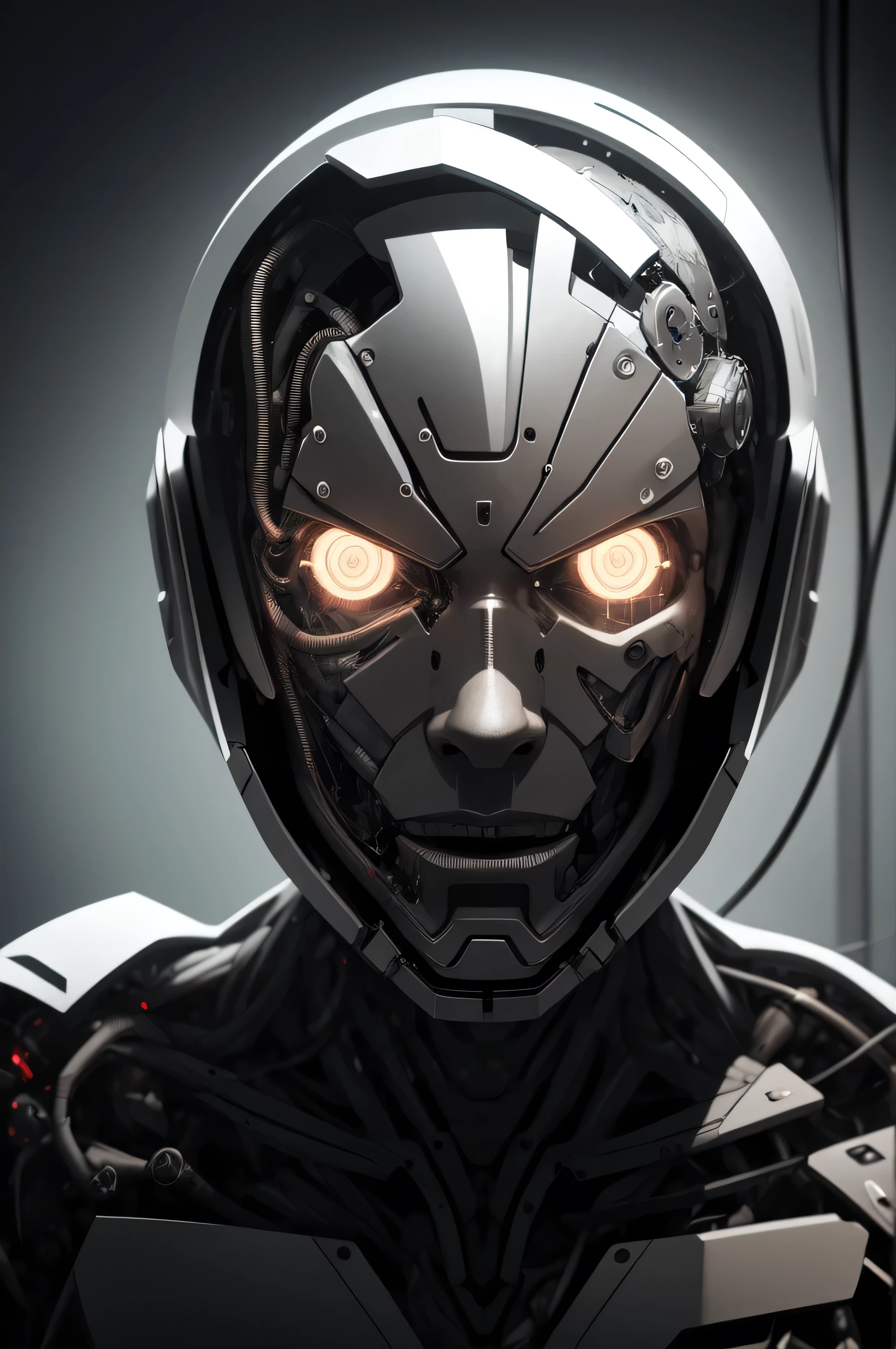 !,(transparent cyborg:1.0), male,suit,dramatic lighting,strong, repair,close-up,long hair, face