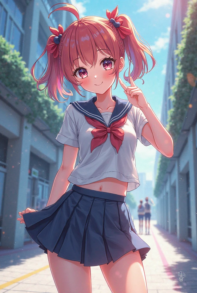 whole body、high quality、(Big Girl)、cute hairstyle、cute hair dye、white sailor collar、Sweet plaid pleated mini skirt、amusement park、、 ((blush、Cute lace panties))、(((Arms folded behind back)))、Angle from directly below