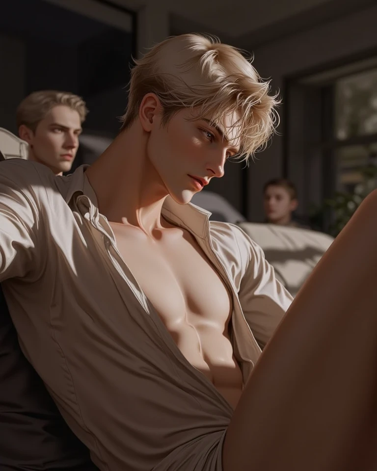Russian man, ash blonde hair, gray hunter eyes, measures one meter and fifteen centimeters, muscled body, Poker face 