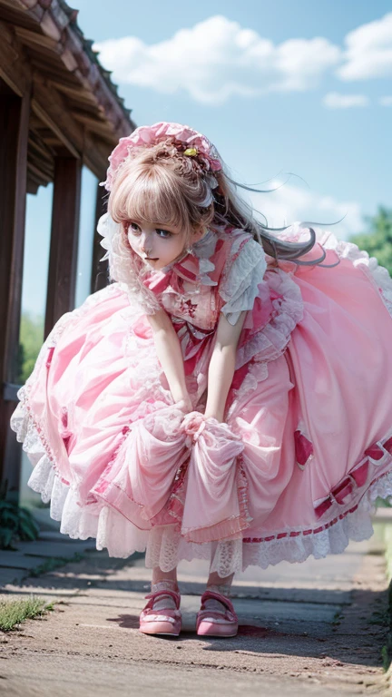 Girl with pink hair,ゴージャスなMagical girlの衣装, Pink dress with ribbons and frills, I have a magic wand in my hand, A pink heart on the tip of a wand, Magical girl, 12-year-old girl, Gentle expression
