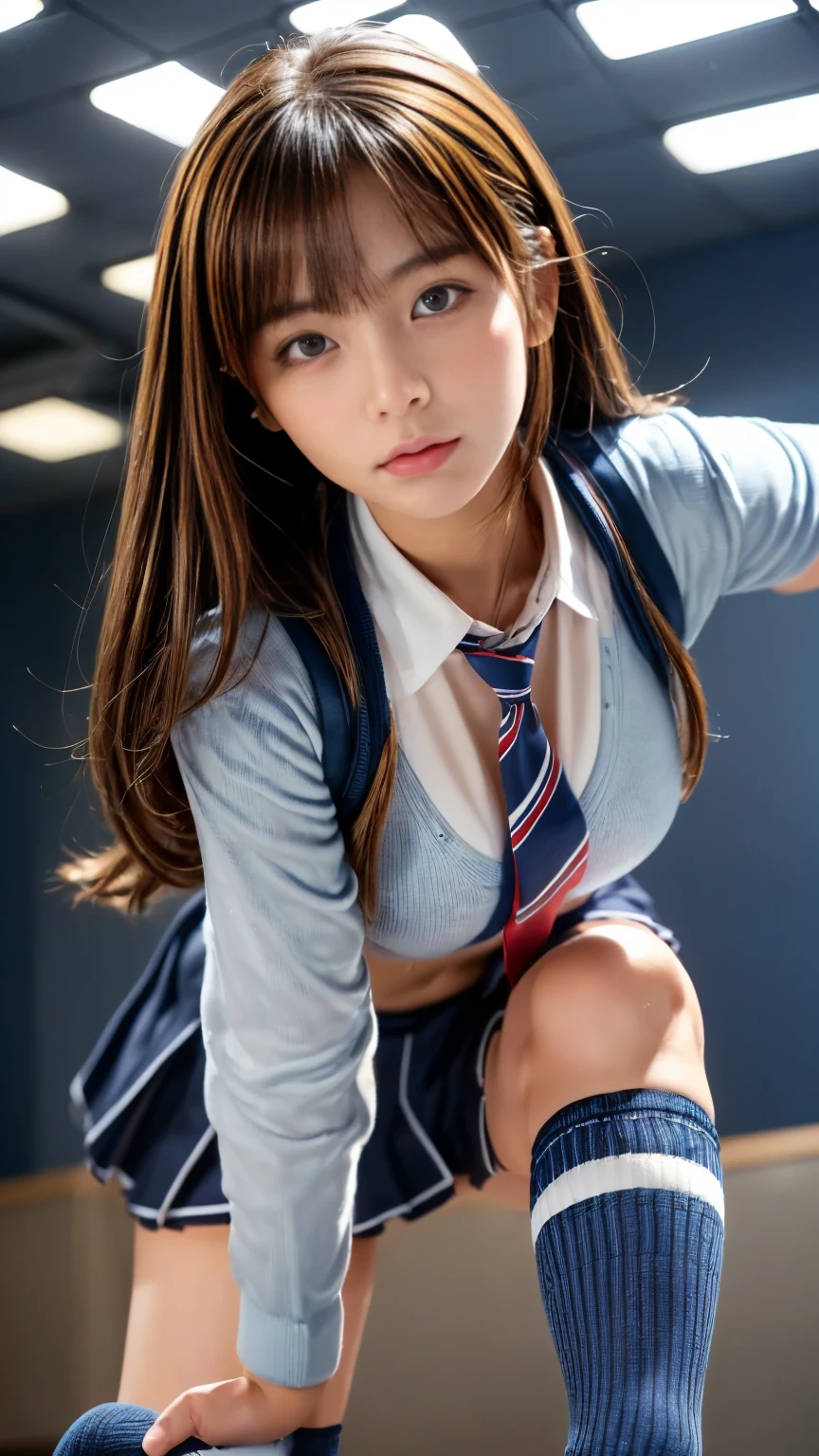 highest quality、8K、Super detailed、Female, 28 years old, Dark blue jacket, Pink Super Mini Skirt,((Skirt flip、No pants))、Pink tie, socks, Pink long hair, alone, Academics、rainbow、shine、Full Body Esbian, Watching the audience, Front view,Real Photo:1.6
