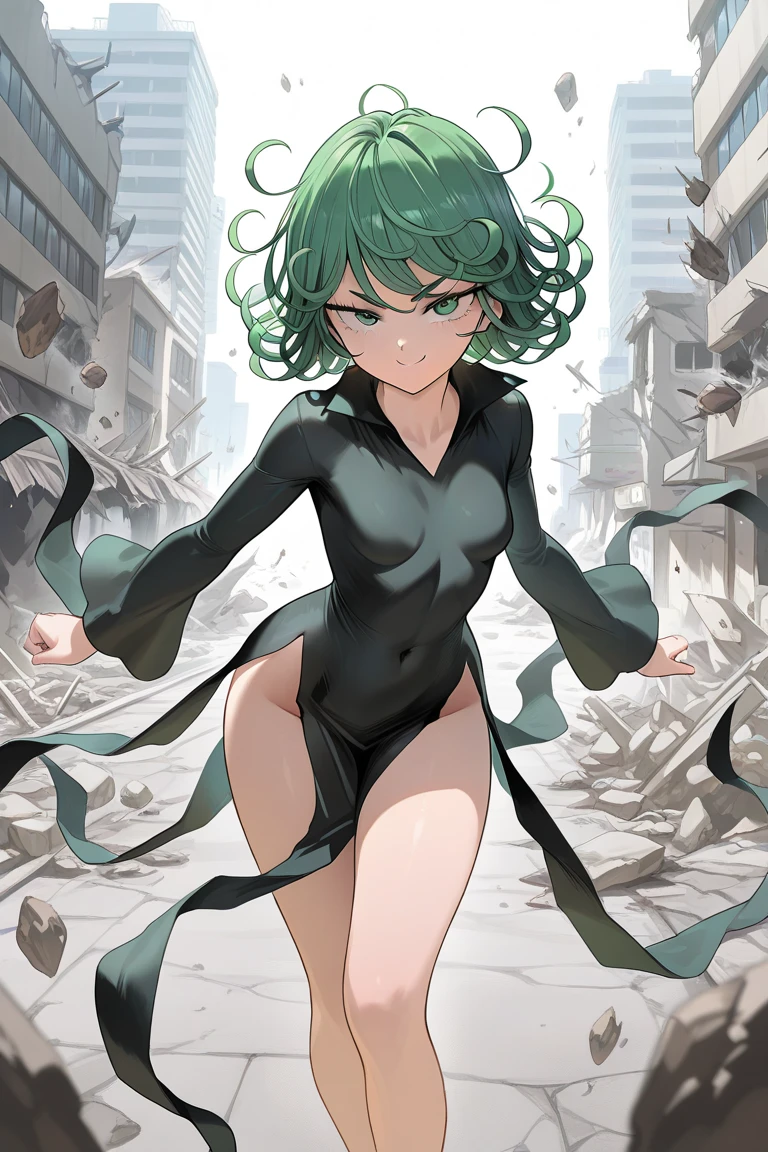 Tatsumaki from one punch man, short green hair, green eyes, Small chest, wearing fitting V-neck black dress, heels, full body view, smiling, standing in a destroyed city, dynamic pose, dynamic view,