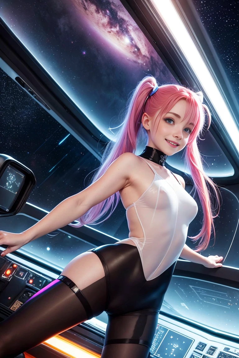 egirl as harlequin, nude long pink and blue hair with a choker in the background, synth wave color palette, trend in artstation, trend on CGSociety, Intricate, High detail, sharp focus, dramatic, full body shot on a ship on the moon looking out the window, trend on tiktok