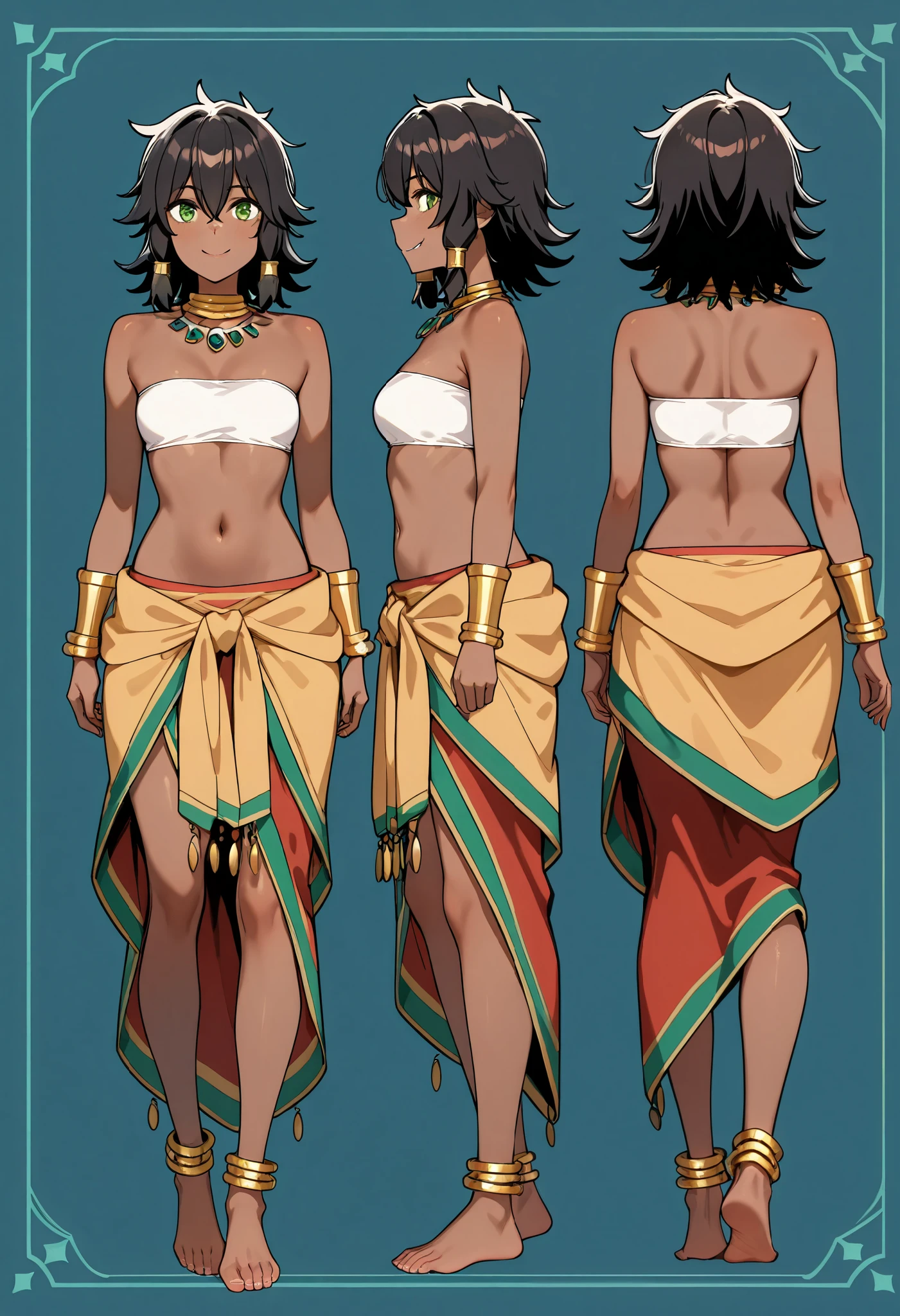 masterpiece,best quality,amazing quality,very aesthetic,absurdres,newest, huge filesize,
danmachiV2,D_Tiona,
1girl,barefoot,
jewelry,dark skin,
anklet,black hair,
navel,dark-skinned female,
smile,bandeau,
full body,reference sheet,
looking at viewer,midriff,necklace,
turnaround,strapless,d_tiona,