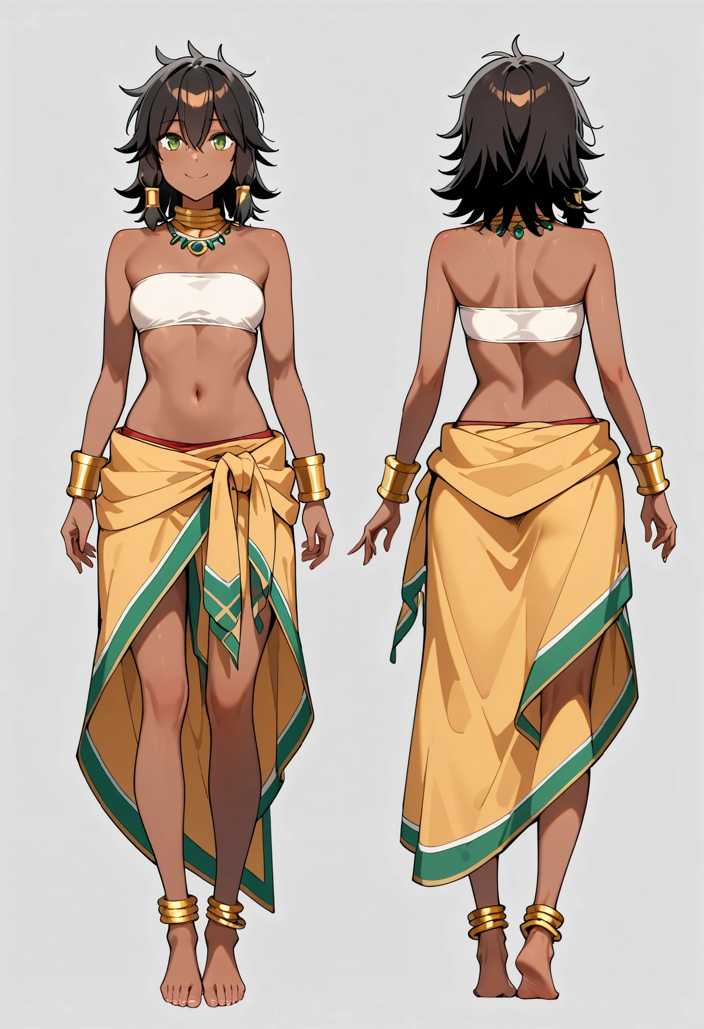 masterpiece,best quality,amazing quality,very aesthetic,absurdres,newest, huge filesize,
danmachiV2,D_Tiona,
1girl,barefoot,
jewelry,dark skin,
anklet,black hair,
navel,dark-skinned female,
smile,bandeau,
full body,reference sheet,
looking at viewer,midriff,necklace,
turnaround,strapless,d_tiona,
