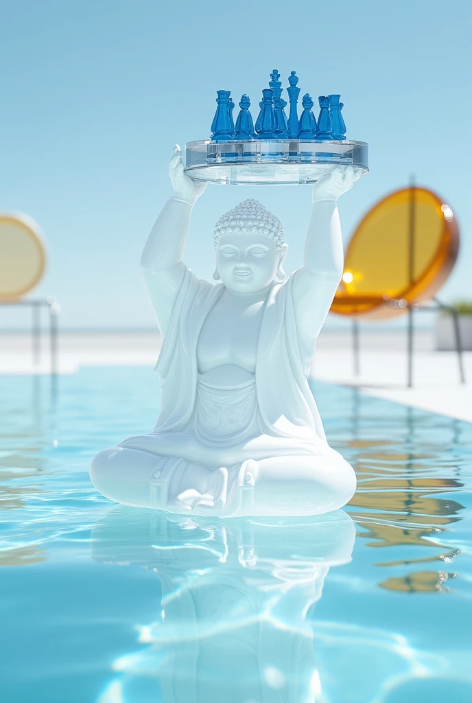 a huge Buddha Statue is lying on beach chair, sunglasses, cocktail, sand, beach,