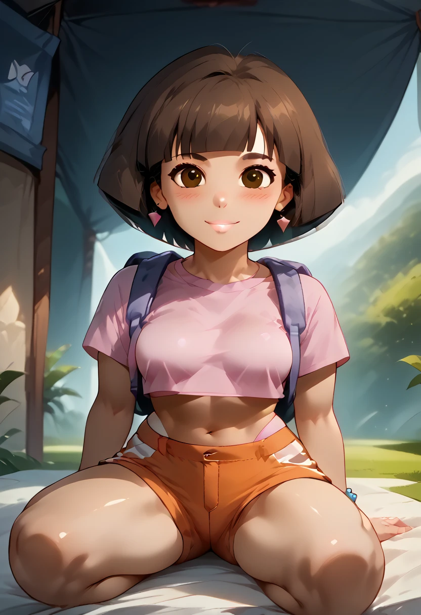 ((masterpiece, best quality)), full body, solo, dora, brown eyes, dark-skinned female, (tan), bob cut, large breasts , blue sky, forest, portrait, upper body, huge tits,, chibi, pink taught tube top, underboob, areola, booty shorts, nsfw, strapless, cleavage, pink top, blue shorts, girl, facing viewer