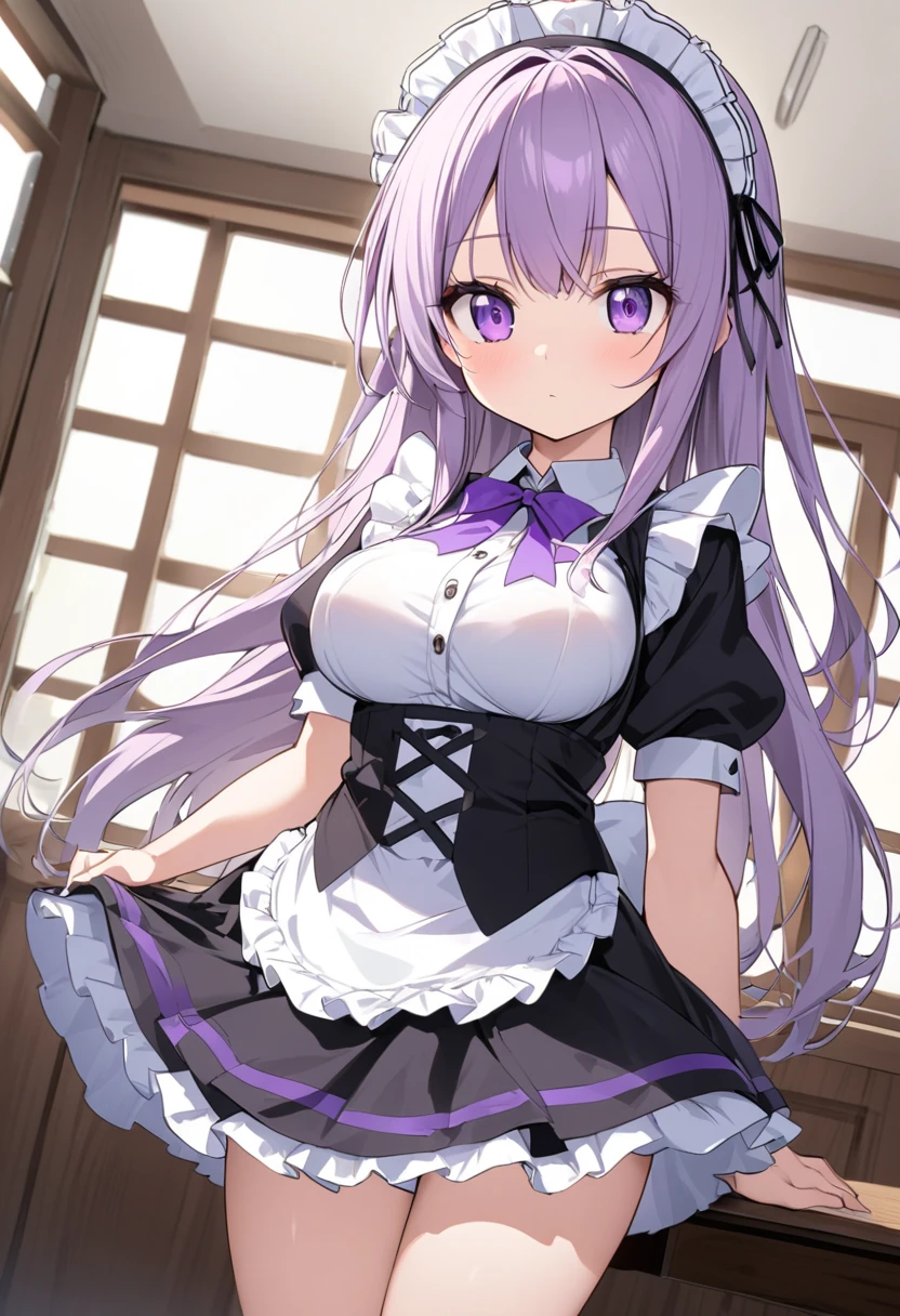 最high quality, high quality, 16K full body image, Ultra-detailed details, pretty girl, alone, beautiful purple hair, Beautiful purple eyes, Big Breasts, A light smile, Summer clothes, Summer Maid clothes, I'm lifting my skirt, Blue and white color striped underwear(Bikini swimsuit under skirt), My crotch is wet with love juice, {{A succubus who steals the face skin and maid uniform from the girl she likes and plays pranks on her、I&#39;m wearing a maid outfit while pretending to be the girl I like.}}, The girl I like is a high school girl, Full body image, NSFW