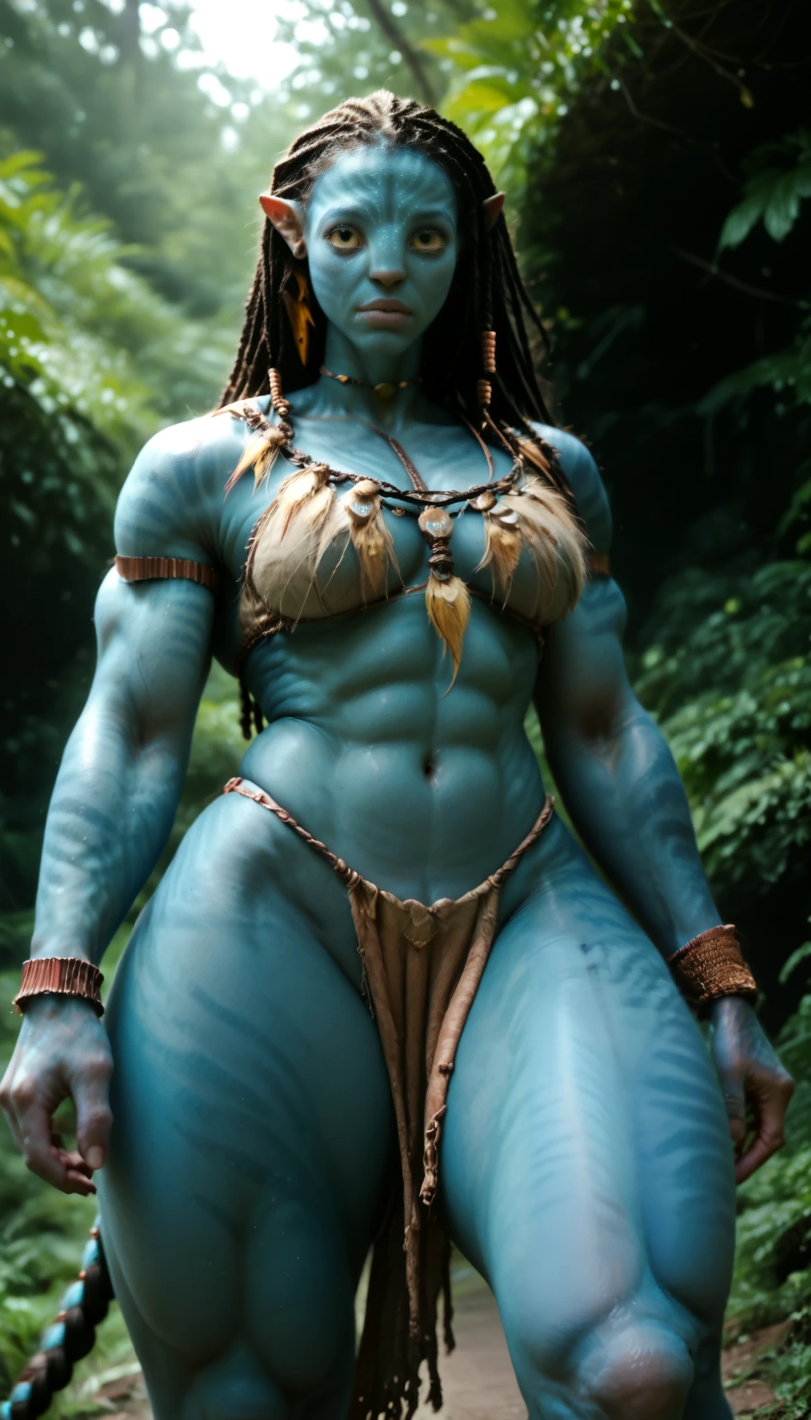 1girl, tribal clothes, looking at viewer, realistic, photirealism, raw photo, hd, 16k, rating_safe, 4 fingersscore_9, score_8_up, score_7_up, score_6_up, neytiri, alien, blue skin, yellow eyes, dreadlocks, tail, braid, huge breasts, thick muscular thighs, wide curvy hips, from below, dynamic angle, pubic hair