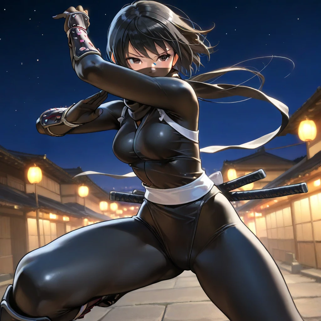 a ninja girl with hazel eyes (greenish brown) dressed in a black bodysuit (with neck ring), black gloves up to half the arm (no fingers), leaf village bandana, brown hair with blonde highlights, kunai holder with the band on the thigh of the right leg, two kunai holders, one with a belt at the waist and one without the belt on the thigh of the left leg, long socks above the knee, ninja shoes