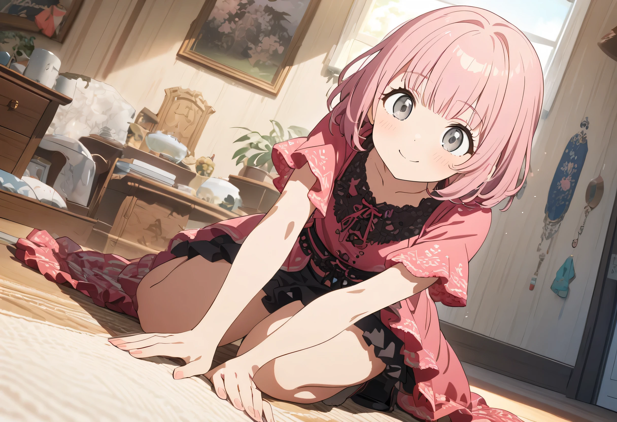 threequaterview, Jirai fashion、 glittering costume 、The interior of a stylish Western-style house、((fullbody)), seiza、,Source Anime, (Masterpiece), (Best Quality)), (Very Detailed), ((Cute)), (Amazing), (Detailed)), 4K, (8k), Highest Quality , (beautiful), perfect anatomy, ((perfect hands)), (perfect fingers)
ultra-definition depiction,
break
(( 1girl )), 's years old, short hair, quick bangs、round face, pink hair,has a smiling face、 ((grey eyes)), cute eyes,natural make up、jirai, Casual Fashion