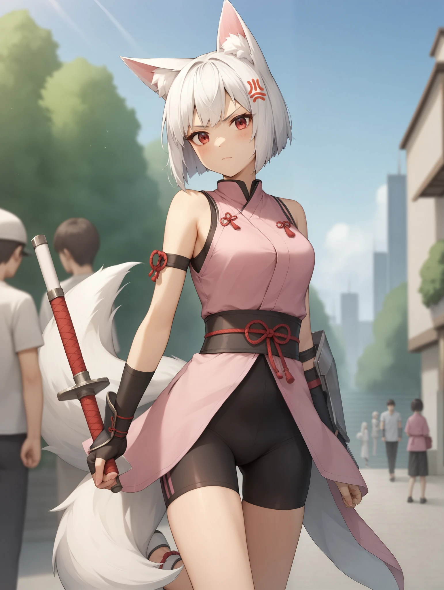 1 girl, Kitsu, white hair, short hair, fox ears, red eyes, Make 2 tail , black shorts, bike shorts, pink kimono, sleeveless, arm guards,
anger, arm-crossed,
masterpiece, best quality,great quality, very aesthetic, Absard Dress, depth of field, blurry background, very detailed faces, detailed eyes