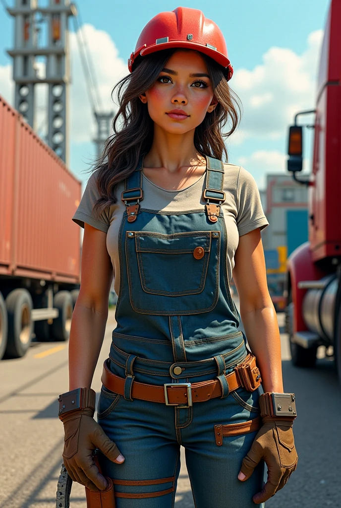 voluptuous body 19 year old girl ("Sarah Hyland", "Brooke Shields"), almond-shaped eyes, thick eyebrows, flushed cheeks, big perfect breasts, uncovered shoulders, overalls, "no shirt", (nearly without clothes:1.3), Hyperrealism, UHD, best quality, highres, high details, 8k, sharpen focus, construction site