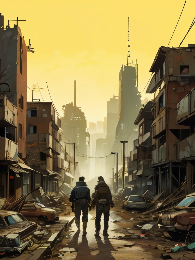 an Alafif man walks with his dog in a destroyed city，In a post-apocalyptic city，ポストアポカリプスのwildernessで，in a post-apocalyptic environment，In a post-apocalyptic city，City destroyed in the background，wilderness，cartoon， comics，Drawing Illustration，Flat Ink，Thick outline，crosshatch texture，Technopunk，Barbarian style