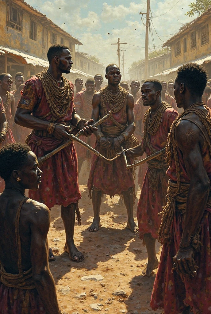 Five half-naked African slaves tied with a rope, descendant un escalier, grandes souffrance, tristesse dans les yeux, corps entier nu, no clothe, pas de coiffe, cheveux noirs, Dynamic scene from the movie Amistad, looking at the 50mm camera, Realistic photo HD, Diffuse light, Rebel Republic Environment, , hyper detailed, Whole size