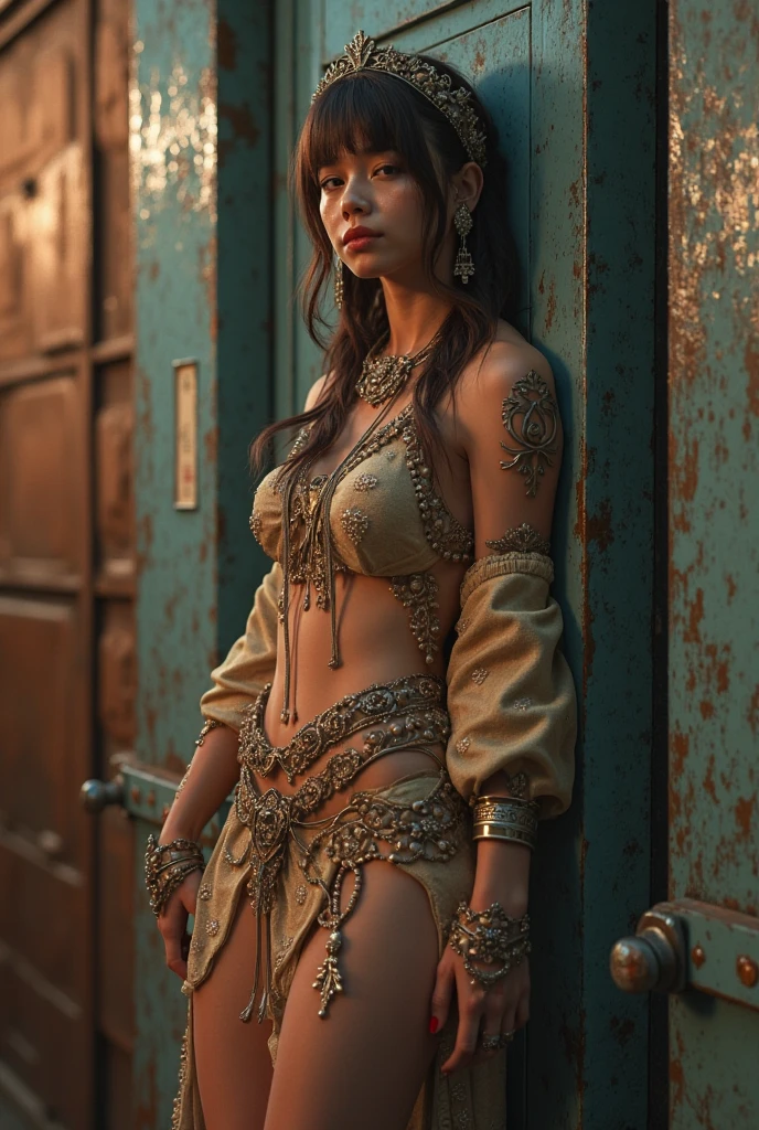 There's a sexzy indian 1woman with a steam-powered dusky skin, with big boobs,Royal look, arte conceitual street punk, sexzy full body view top to bottom, seated on queen chair, low angle , slim body, breathtaking beauty, vibrant, comprehensive cinematic, 8k, cinematic lighting, best quality, 4k,full body view,fog background ,arte street punk digital, arte street punk urban city area, Wojtek FUS, arte digital steampunk, detailed wild steampunk illustration, Portrait of a gold and copper chained woman, arte street punk, estilo de arte dieselpunk, cyberpunk street punk, estilo de fantasia street punk, Arte digital altamente detalhada em 4k, sci-fi street punk,clear relastic eyes
