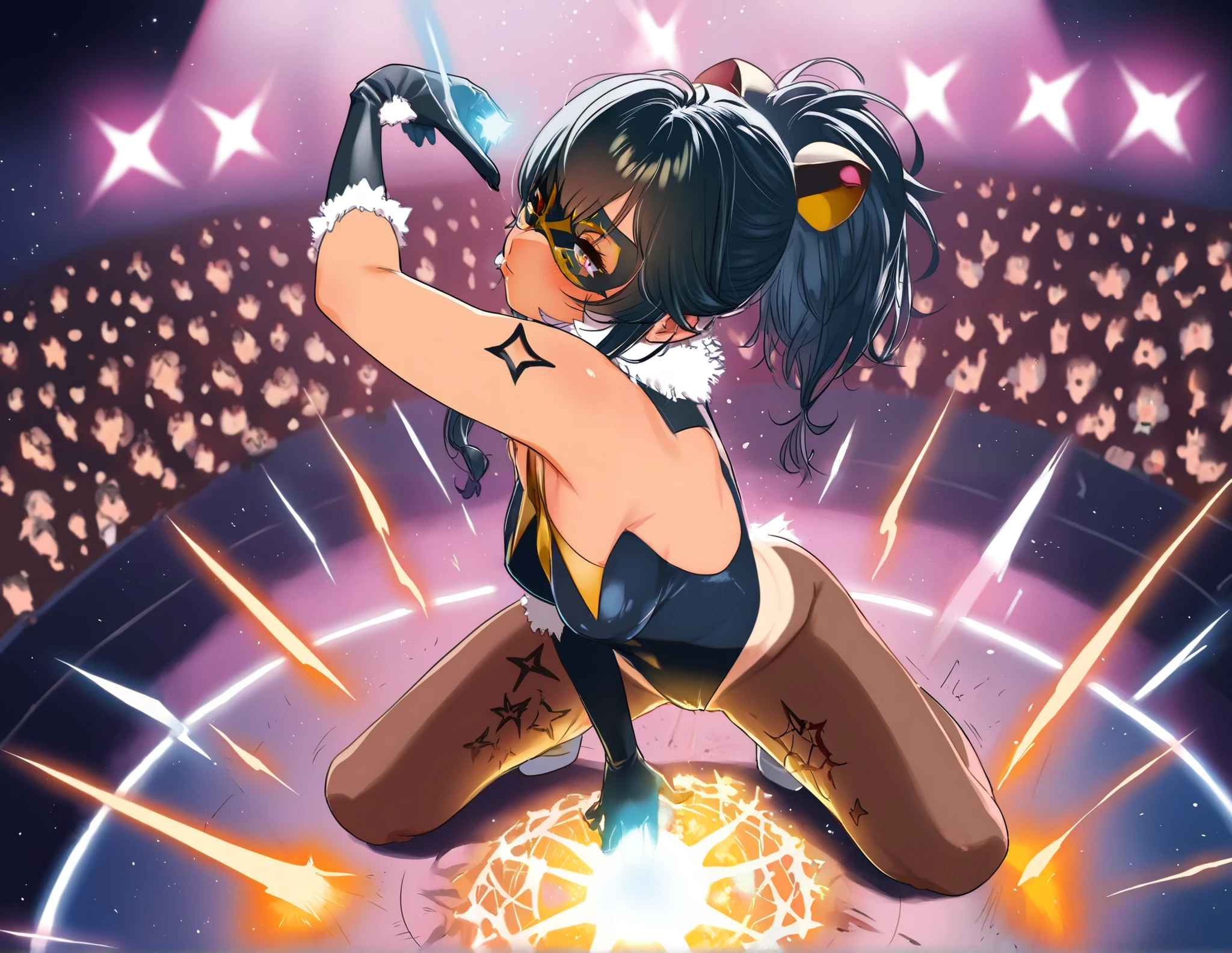 (on stage live),(Naughty performance on stage), (surrounded by audience:1.0),(lay:0.5), (face down ass up, lift ass up:0.6),(arms raised in the air:0.7), (spread legs:0.7), (Thrust forward at the waist:0.7), (Erotic squatting full of confidence:0.77), (other erotic poses:0.6), (petting:1.05), (kissing:1.01),(fingering:0.8), young beautiful woman transformed by a playful yet benevolent magic that enhances her mystical aura, headgears,(battle leotard), gloves with sharp claws,(ogre eye mask:1.6), Chequered full-body tights with glowing rune pattern, A shy yet confident expression as she embraces her magical transformation,(flushed skin:0.7), flame-shaped pupils, green glowing eyes imitating a ogre, Leotards and other costumes has a star pattern that symbolizes the ability to manipulate space, The long flowing light-emitting black hair, (magic flows from her hands forming swirling patterns in the air:0.7),(A body tempered through rigorous training:1.5), (small tits:0.7),(huge tits:0.2),(shape of erected nipples:0.1),(suntan:1.2),(Pubic hair:0.1),(underarm hair:0.99),(camel toe:0.2),(They all wet their crotches with love juice:0.2),( natural urination:0.2),(erotic tattoo on the leg groin), The image is in anime and manga art style,(from above:1.02), full body:1.3, Dynamic Actions:1.5, Dynamic Angle:1.5, anatomically correct, super detail,