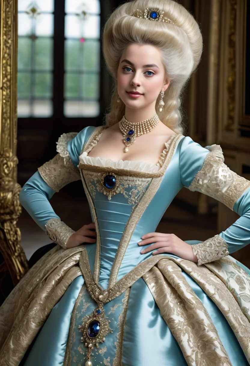 (highres,masterpiece:1.2),(realistic:1.37)A portrait of a French aristocrat girl in the 18th century with unparalleled beauty. She has mesmerizing blue eyes and delicate rosy lips. The portrait is meticulously detailed, capturing every subtle nuance of her features. She is adorned in an exquisite silk gown, embellished with intricate lace and delicate embroidery. The painting showcases the opulence of the era, with lush velvet curtains and gilded furniture in the background. The lighting is soft and diffused, accentuating the girl's ethereal beauty. The colors are vibrant and rich, creating a captivating visual experience. The portrait is created in the style of classical portraiture, reminiscent of the works of renowned artists from the era. It exudes elegance, grace, and sophistication.