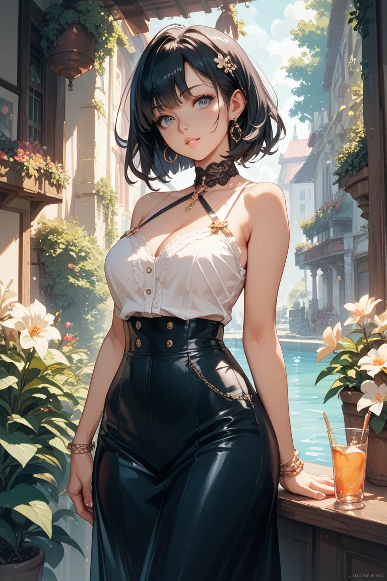 (perky chest:1.2), (pointed chest:1.2),(((Black Tunic:1.3))),(((cakes and bread in the basket),Cute and beautiful girl,Cute round face,Cute smile,with blush cheeks,Red Lip,solo, looking at viewer, open mouth, have a cute grass of cute beergrass,black hair, dark green eyes, dress, bare shoulders, jewelry, collarbone, sidelocks, hairband, earrings, indoors, off shoulder, sweater, arms behind back, plant, short hair with long locks, gild hairband, off-shoulder dress, sweater dress, off-shoulder sweater, black sweater, dark gord hair, big side hair, very long side hair,is rendered in (masterpiece: 1.2, best quality), with (ultra high resolution) and an exquisite (depth of field),(Bangs are see-through bangs),hair pin,hair adornments,detailed clothes features,Detailed hair features,detailed facial features,(Dynamic angles),(Dynamic and sexy poses),Cinematic Light,(masutepiece,top-quality,Ultra-high resolution) ,(The 8k quality,Anatomically accurate facial structure,),(Sea Art 2 Mode:1.3),(Image Mode Ultra HD) ,(Hold a coffee in your hand:1.3),delicate beautiful face, Bright blue eyes, cute eyes, sparkling eyes, Big eyes, (perky chest:1.1), (pointed chest:1.3), looking at viewer,