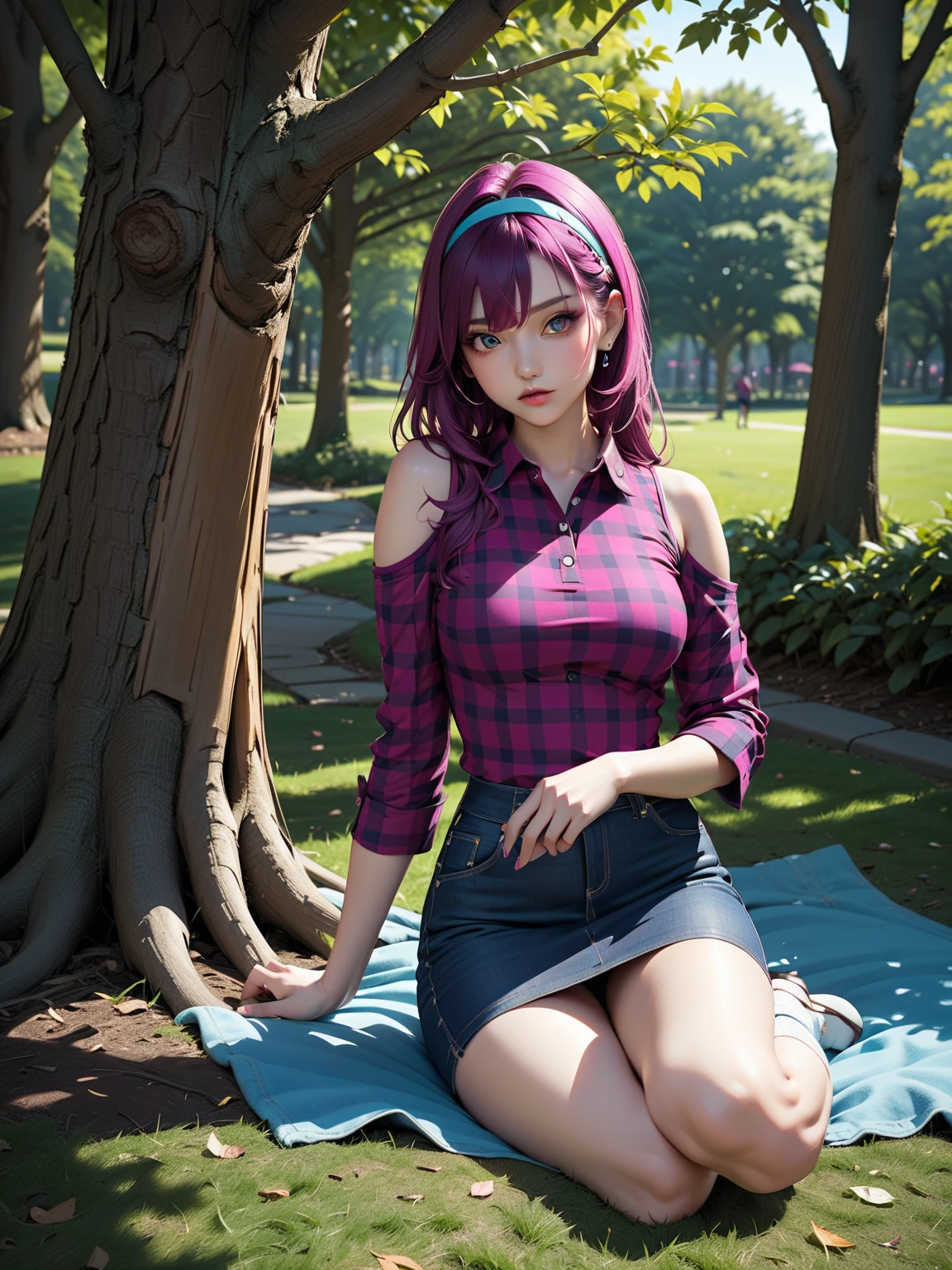 ((Best quality,8k,masterpiece)),1girl, thick voluptuous, petite waist, purple hair with blue locks, bright red eyes equal to a fatal car,pink white skin,cropped violet color,skirt,kneeling in a Garden, holding a violet color flower,blush, night.