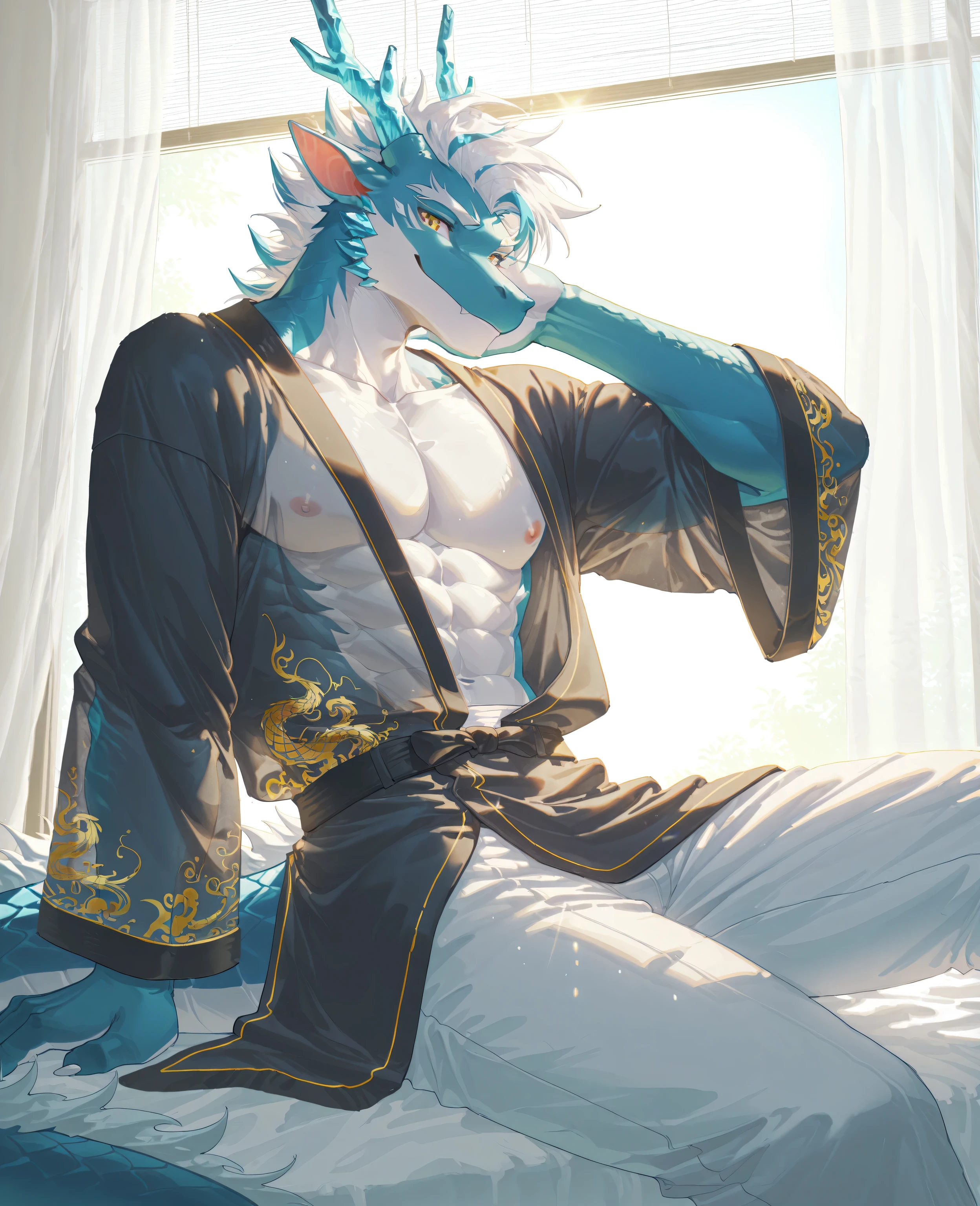 sfw,1boy,solo,male focus,furry male,furry,anthro,(slender muscle:0.2),(eastern dragon),(light sky_blue scales:1.5,two-tone body,),crystal horn,blue antler:0.7,(white hair,blue_streaked_hair,short hair),deep_blue eyebrow,(detailed eyes,amber eyes,detailed pupils),snout,animal ears,dragon ears,dragon tail,nipples,clawpads,(muscular:0.3),(inside,in bedroom,curtain,window,on_side,sunlight),absurdres,sitting,leaning back,having rest,cool pose,(Chinese costume,black robe,red plum_print,white pants,),(peaceful face,smile),absolute_territory,cowboy_shot,from_side,see-through_silhouette,looking_at_viewer,morning,break,masterpiece,highres,amazing quality,best quality,newest,break,((lindong:0.8),(by null-ghost:0.8),huashijw,(asteroid_ill:0.8),(smile \(qd4nsvik\):0.9),(wolftapioca:0.3),(chunie:0.5),cg,highres)),sfw