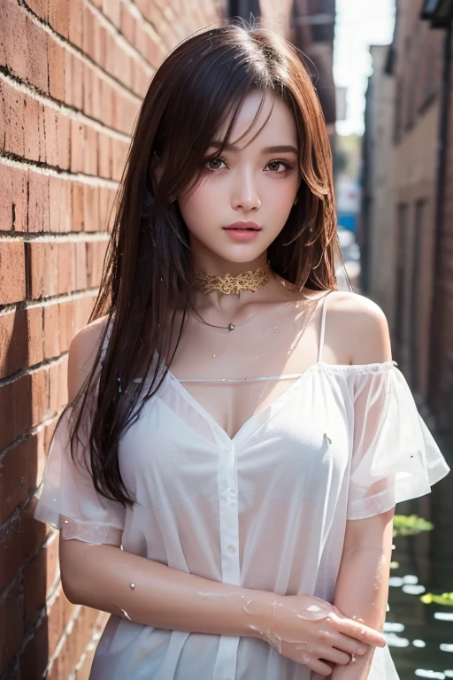 Ultra-realistic 8k CG, Masterpiece, (( Super Detailed Backgrounds ,  Delicate Patterns ,  intricate detail in wet water)),  best quality ,  intricate detail in wet waters,  Color Difference,  1 girl,  long hair,   golden hair ,  messy hair, Red highlights, Cover one eye with hair, Sharp Eye,  choker, Brick wall,  graffiti,  dim lighting, alley,   oversized shirt ,  off shoulder , sheer sheer white shirt, Masterpiece,  best quality 