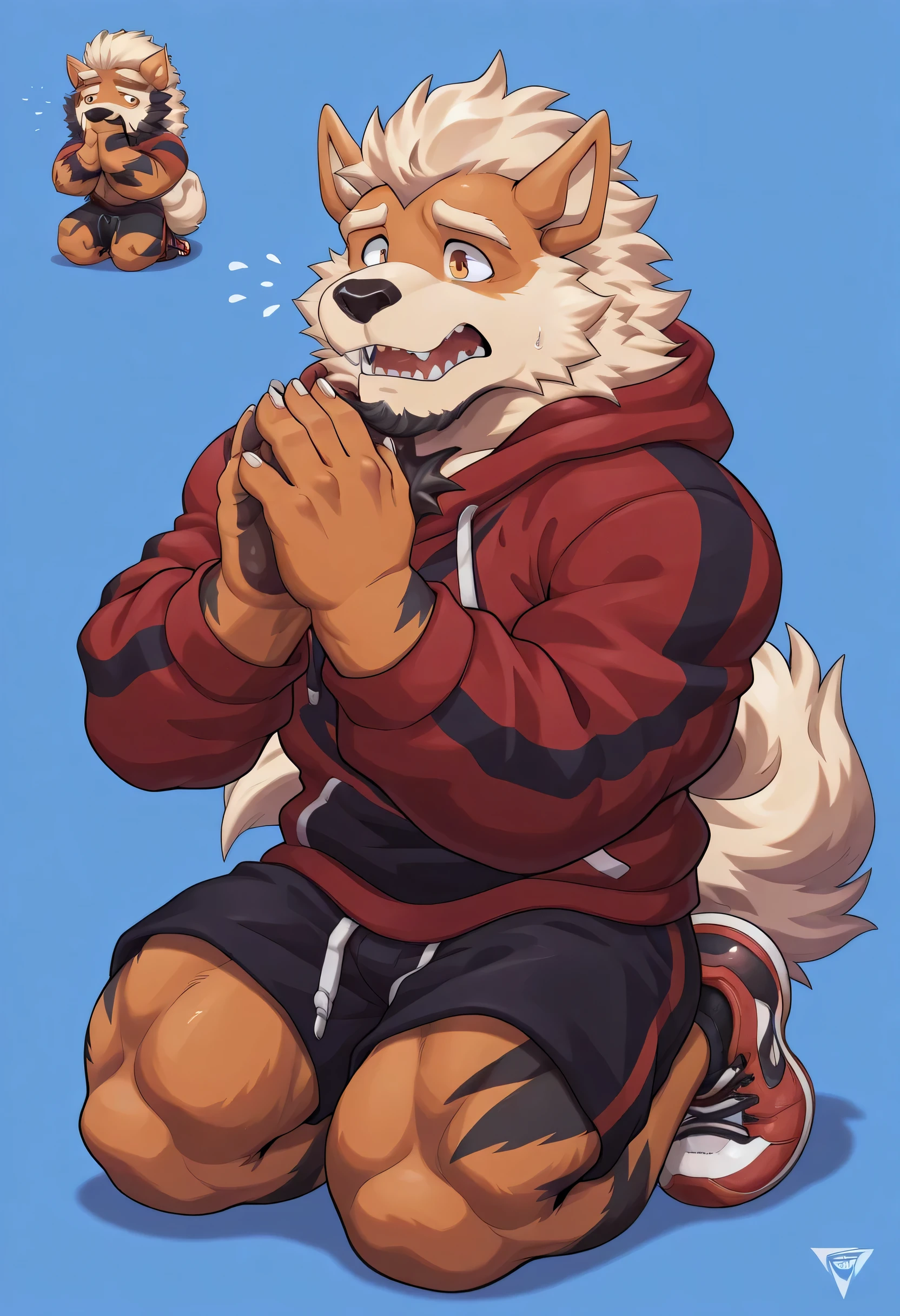 solo, 1boy, arcanine, black beard, furry, bara, orange eyes, (chibi:1.3), sneakers, hoodie, black shorts, Kneeling, Praying hands, Gaze upward, nervous, worried, scared, open mouth, score_9, score_8_up, score_7_up
