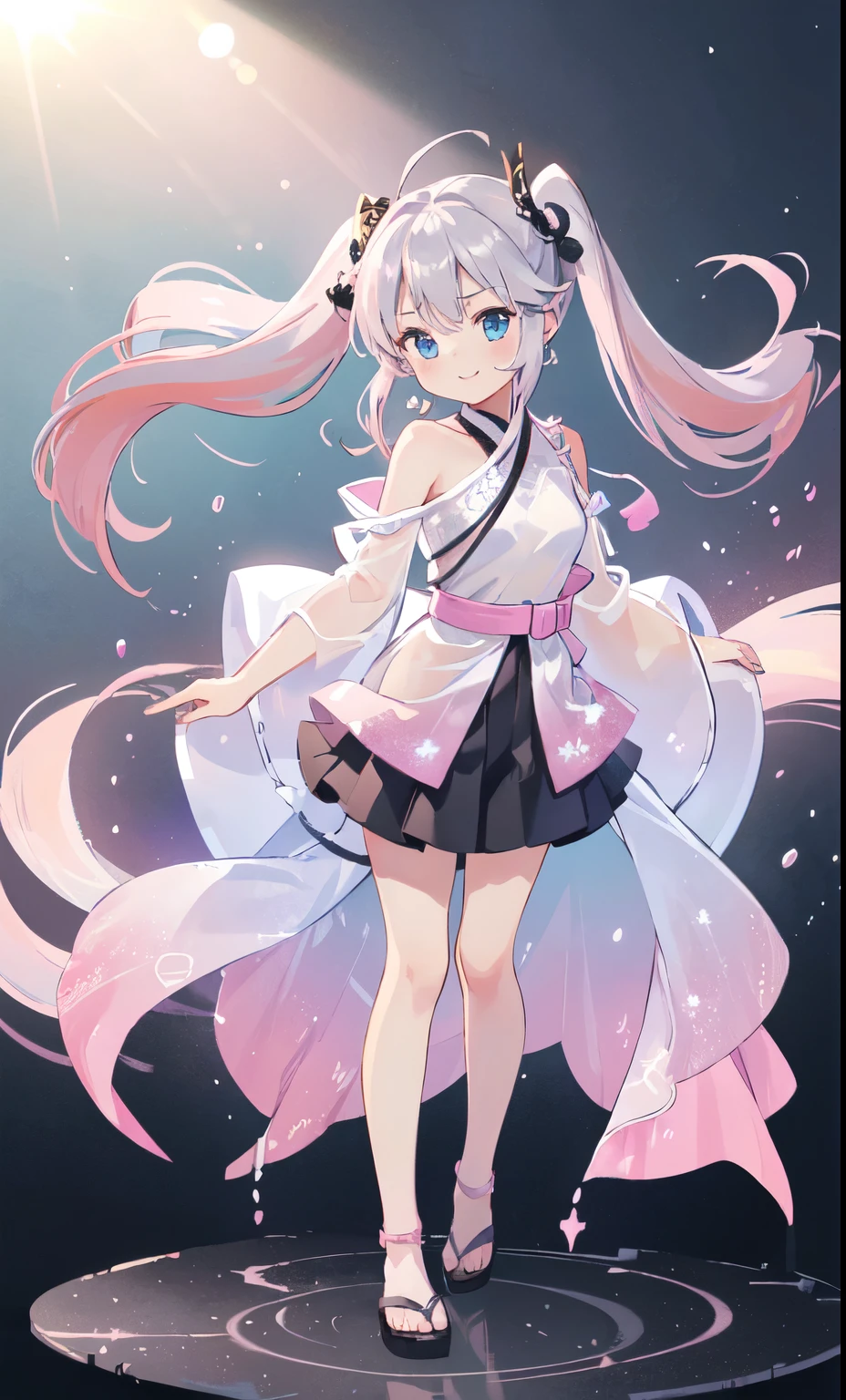 ((18-year-old female:1.3))、one woman, Young and Adorable Japanese Faces , Official Art,high-definition CG Unity 8K wallpaper,( masterpiece:1.0),(Top Quality:1.0), 超High Resolution,4K,very well detailed, photo shoot, 8k, High Resolution, Kodak Portrait 400, Film Grain, lens flare glow,高いest quality,8k,), as a portrait shot,8k、viewer, ((( front view))), ((( front view))), ((facing))、(very long silver hair up to the ankles:1.3)、 hair with a lot of volume、feminine silver hair,(silver pink gradient color hair:1.5),(Super detailed beautiful face and blue eyes),Xiaoyan、Full Body Image, rich breasts,Dress with lots of decorations , shoulder、Chest Valley、smile、standing、shiny skin、 sexy、Correct limb 、see-through long sleeve pirate top,See-through shrine maiden costume with black skirt,Black Belt, Solemn Atmosphere