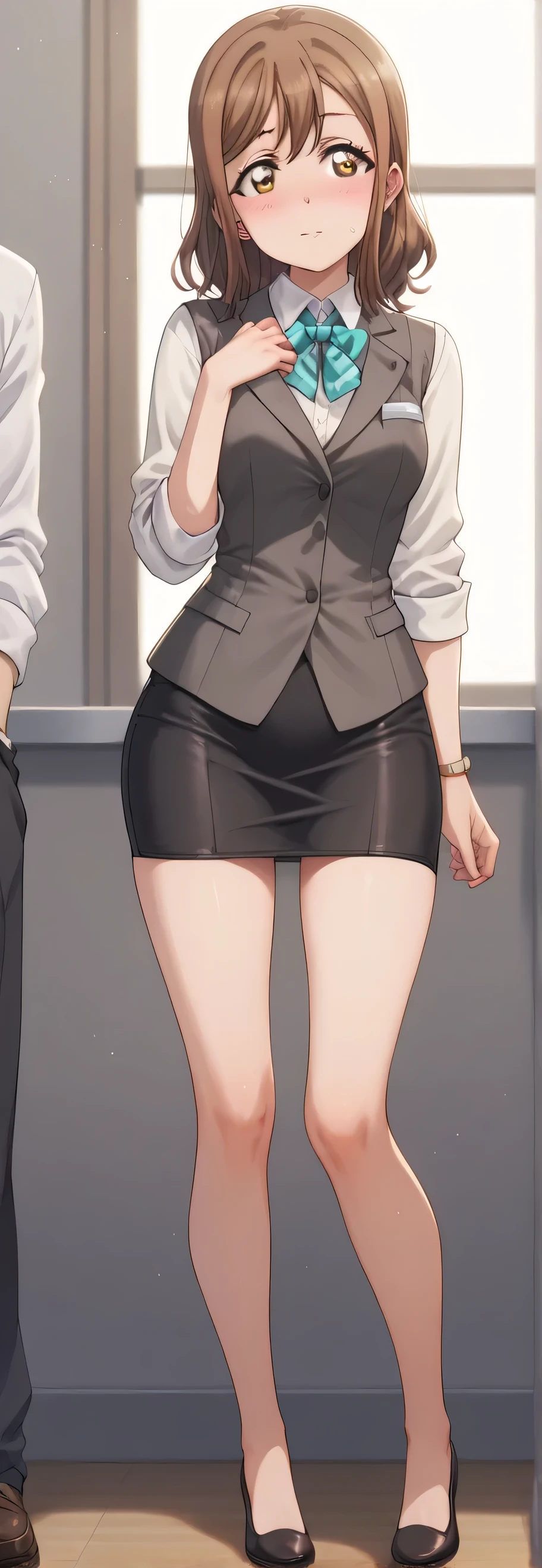A full body image of Hanamaru Kunikida, lentes, with brown hair and shoulder length, Blushing standing in a suit and short gray tight skirt in an office.