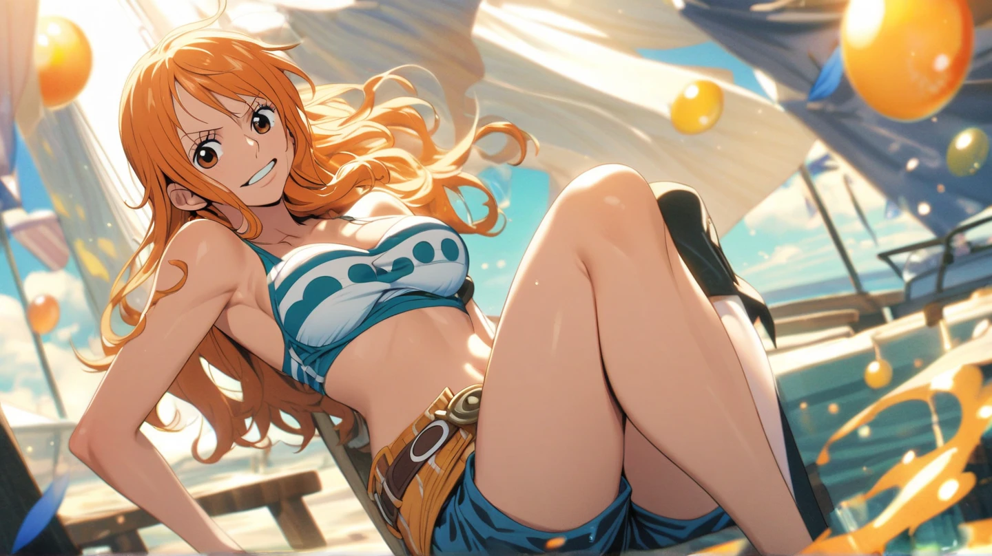 a alone nami in a swimsuit with long braided hair in a bikini lying on the beach in a sensual pose on a full moon night