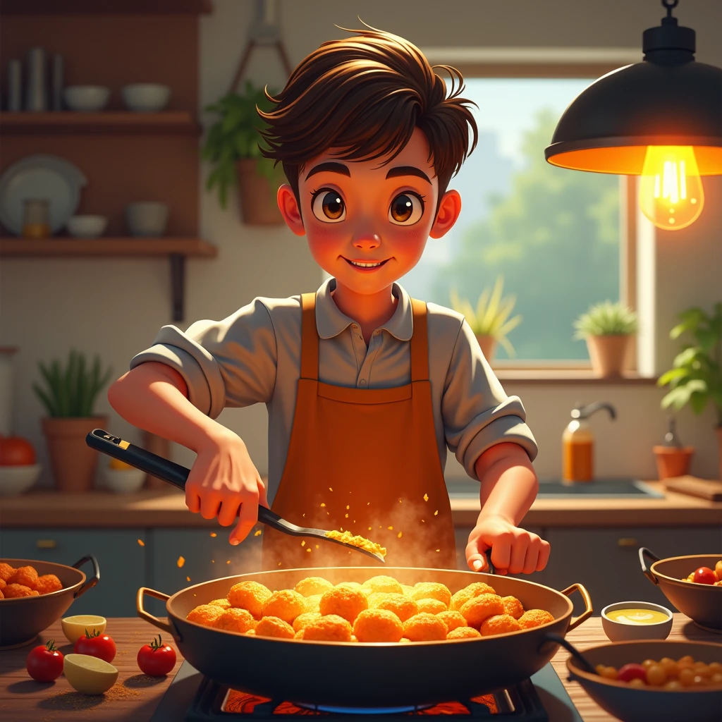 A boy who succeeded in cooking after much effort