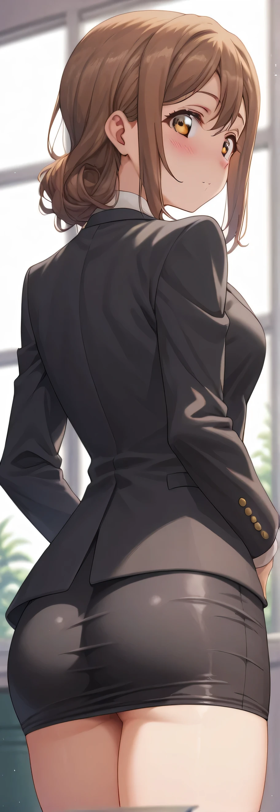 school uniform An image of Hanamaru Kunikida, lentes, with brown hair and shoulder length, Blushing standing in a suit and short gray tight skirt in an office, showing the butt