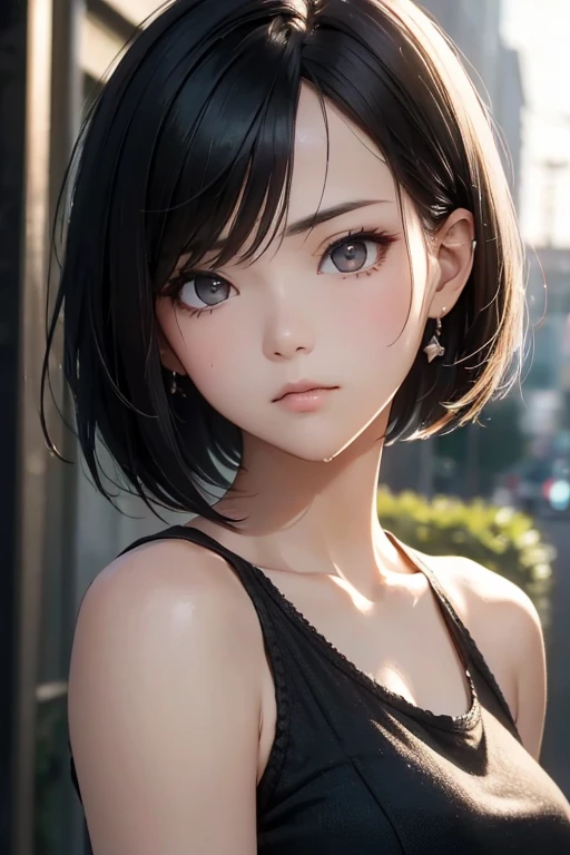 (Half Body Shot,Street lamp,moon),masterpiece, One girl, Solo Exhibitions, Beautiful woman with small breasts, nightのベッド, Beautiful Goddess Girl Portrait, Beautiful and elaborate face, Porcelain-like skin, (((Bust Shot, center, night, Black Hair, short hair)), Very soft lighting, Full Shot,Symmetric, complicated, grace, Attention to detail, realism, art, concept art,White clothes