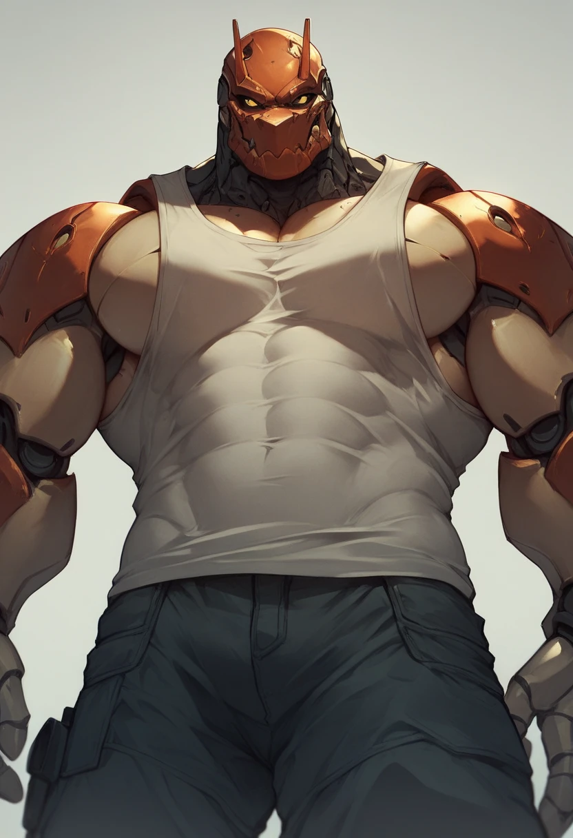 delga, solo, anthro, male, clothing, muscular, muscular male, muscular anthro, abs, hi res, pecs, sweat, shirt, horn, topwear, clothed, nipples, scalie, bottomwear, pants, underwear, blonde hair, biceps, green eyes, open bottomwear, open pants, looking at viewer, bulge, Big Penis.
 