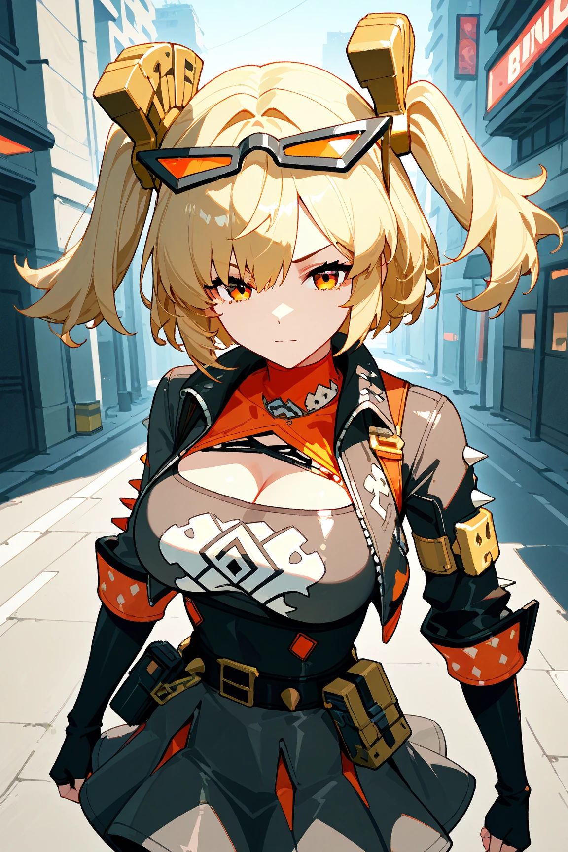 Contempt笑容,Contempt,Contemptuous expressions,Laughing,Disgusted expressions,Double ponytail hairstyle,twin tails,blonde,Fantasy style background,Fantasy town background,Sunlight,daytime,Daytime,Blonde hair,Blonde twin tails,armor,Dress,armor,Dress女孩,thigh,肉感thigh,粗thigh,肉感thigh,Silk socks,黑色Silk socks,Close-up above the waist,Fox ears,Fox ears,Animal ears