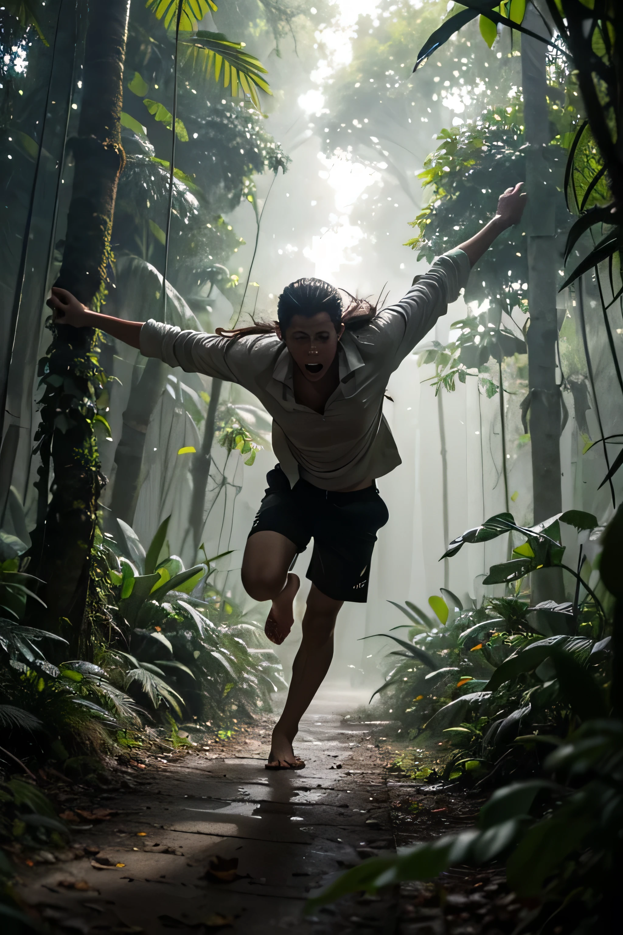 A terrified boy sprints through a dense, misty rainforest at dusk, his face filled with panic. He wears a simple shirt and shorts, his feet kicking up damp earth and fallen leaves as he runs. His breath is heavy, and sweat drips down his face. Behind him, towering tropical trees with thick roots and hanging vines create an oppressive, shadowy atmosphere. The dim light barely filters through the dense canopy above, casting eerie patterns on the jungle floor. In the background, a ghostly woman dressed in flowing white garments hovers above the ground, her wild, unkempt hair swirling around her gaunt face. Her hollow, glowing eyes and sinister black teeth contrast with her pale skin as she extends her arms toward the fleeing boy. The air is thick with tension, and the jungle seems to close in around them, amplifying the sense of supernatural dread.