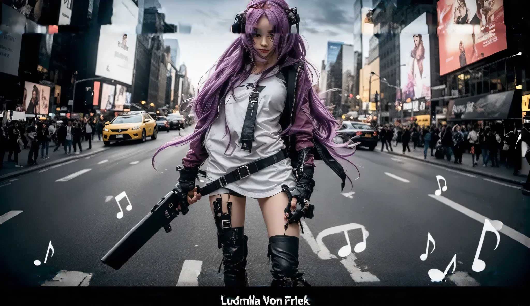 A modern and vibrant Facebook cover for Ludmilla Von Friek. In the center, Ludmilla appears with a powerful and stylish look, wearing an iconic character cosplay (like Erza fairy tail or an girl anime famous character) and a streetwear look at the same time. She is in a confident pose, looking straight at the camera. In the background, a dynamic scene that mixes elements of a modern city (buildings, neon lights) and pop culture references (anime symbols, musical notes, game icons). The composition is balanced, with vibrant colors (shades of purple, blue and gold) and dramatic lighting. In the bottom right corner, the name 'Ludmilla Von Friek' appears in a modern and stylized font, with a glowing effect. Realistic style, sharp details, 4K resolution, 16:9 aspect ratio (820x312 pixels for Facebook cover). --v 5 --ar 16:9